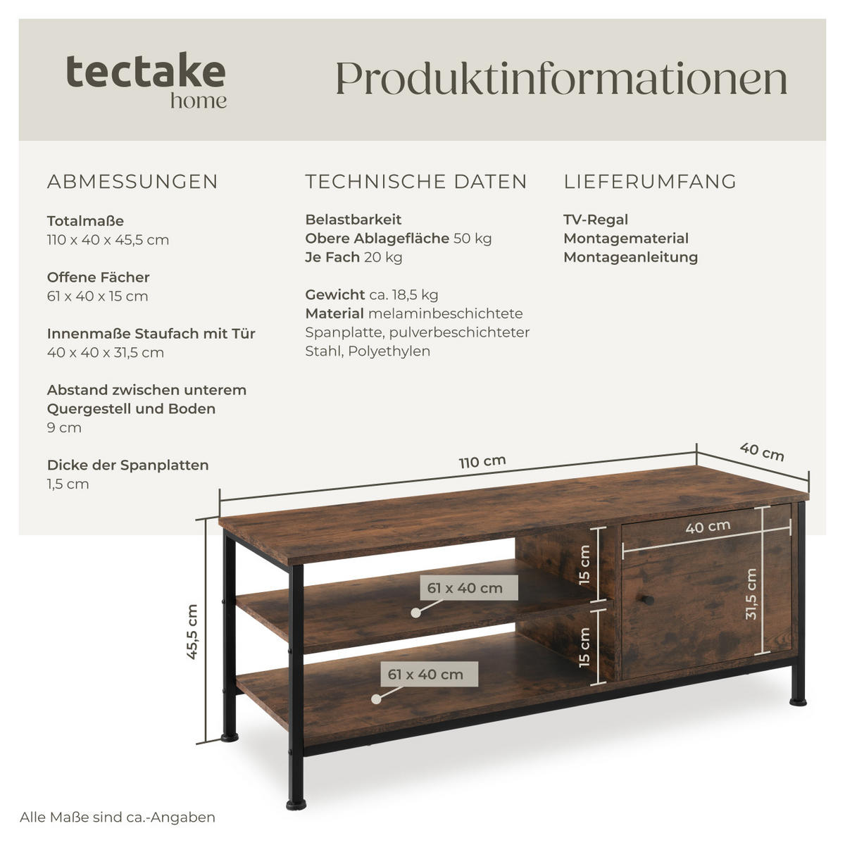TV-REGAL Durban,110 x 40 x 45,5 cm,Industrial Holz dunkel, rustikal - Rostfarben, Holzwerkstoff (40/45.5/110cm) - tectake