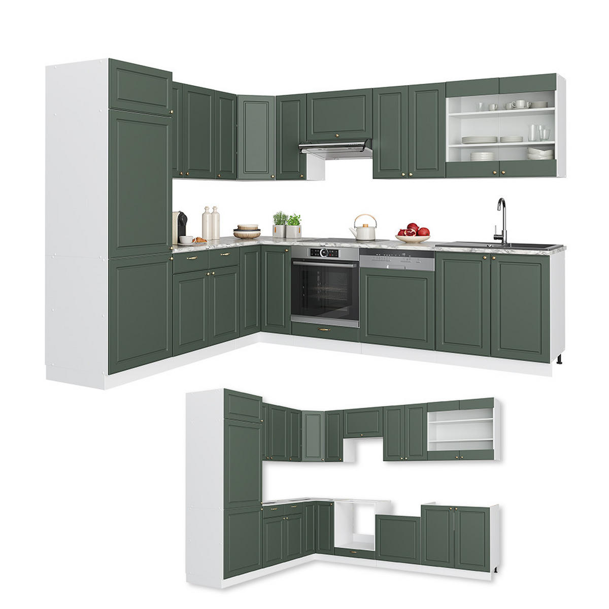 ECKKÜCHE Fame-Line Grün-Gold Landhaus/Weiß 227 x 60 cm ohne AP - Weiß/Grün, Holzwerkstoff (287/81.6/46cm) - Vicco
