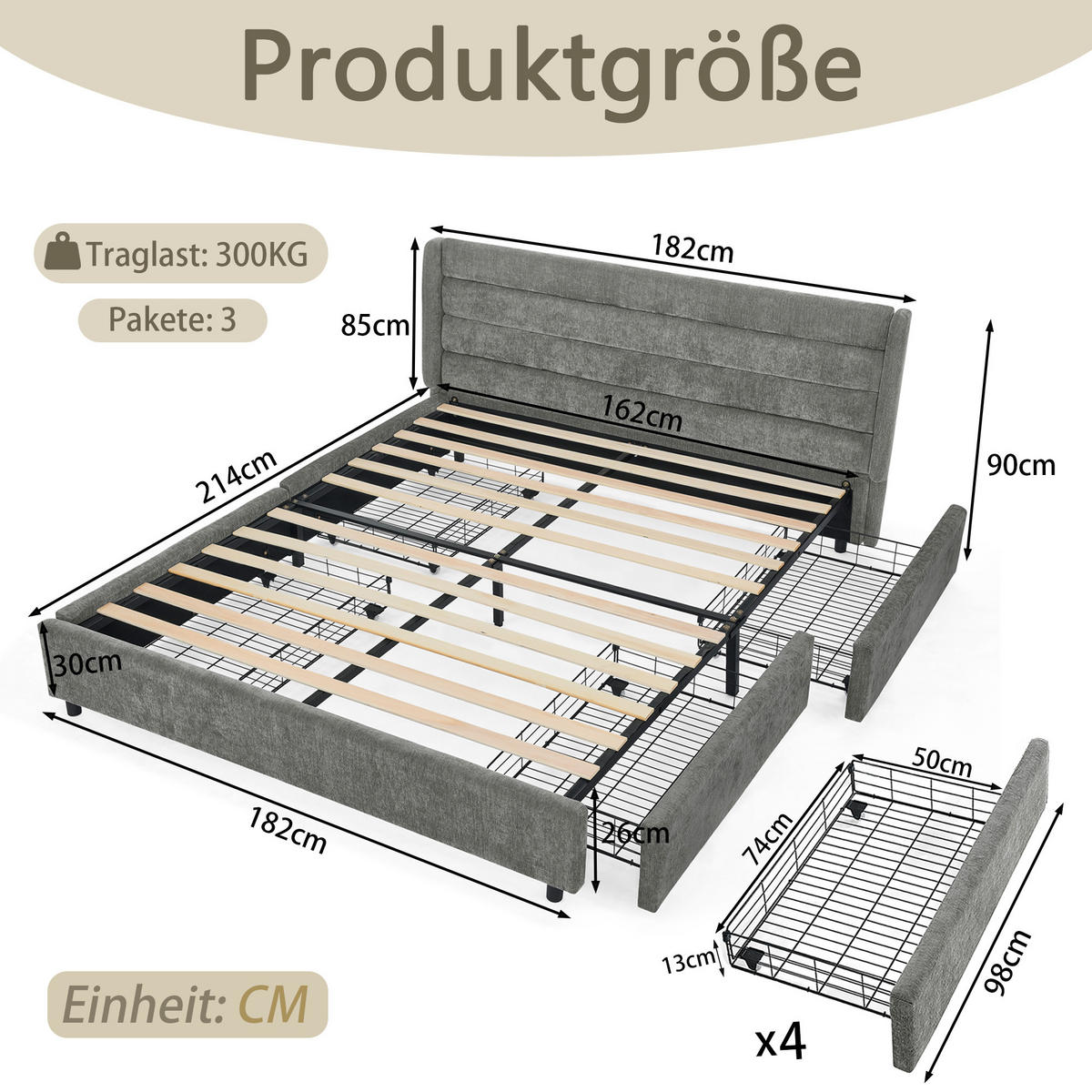 POLSTERBETT 160x200 cm Chenille Schubladen grau - Dunkelgrau, Kunststoff (160/200cm) - LEBENLANG
