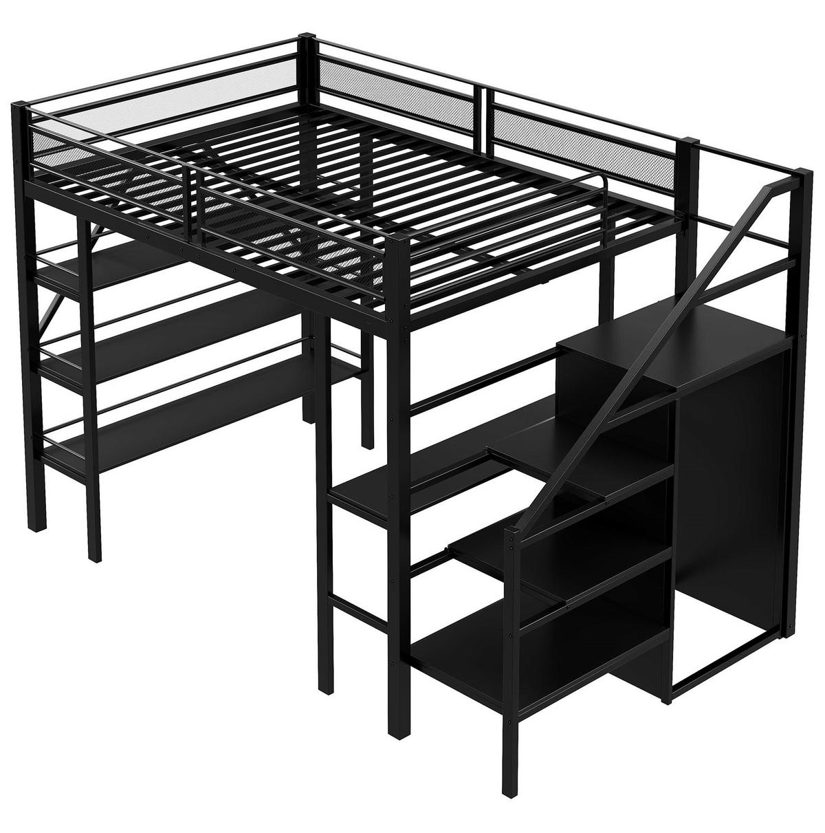 HOCHBETT 140/200 cm in Schwarz mit Schreibtisch, Regal und Kleiderschrank - Schwarz, Metall (140/200cm) - Flora Grace