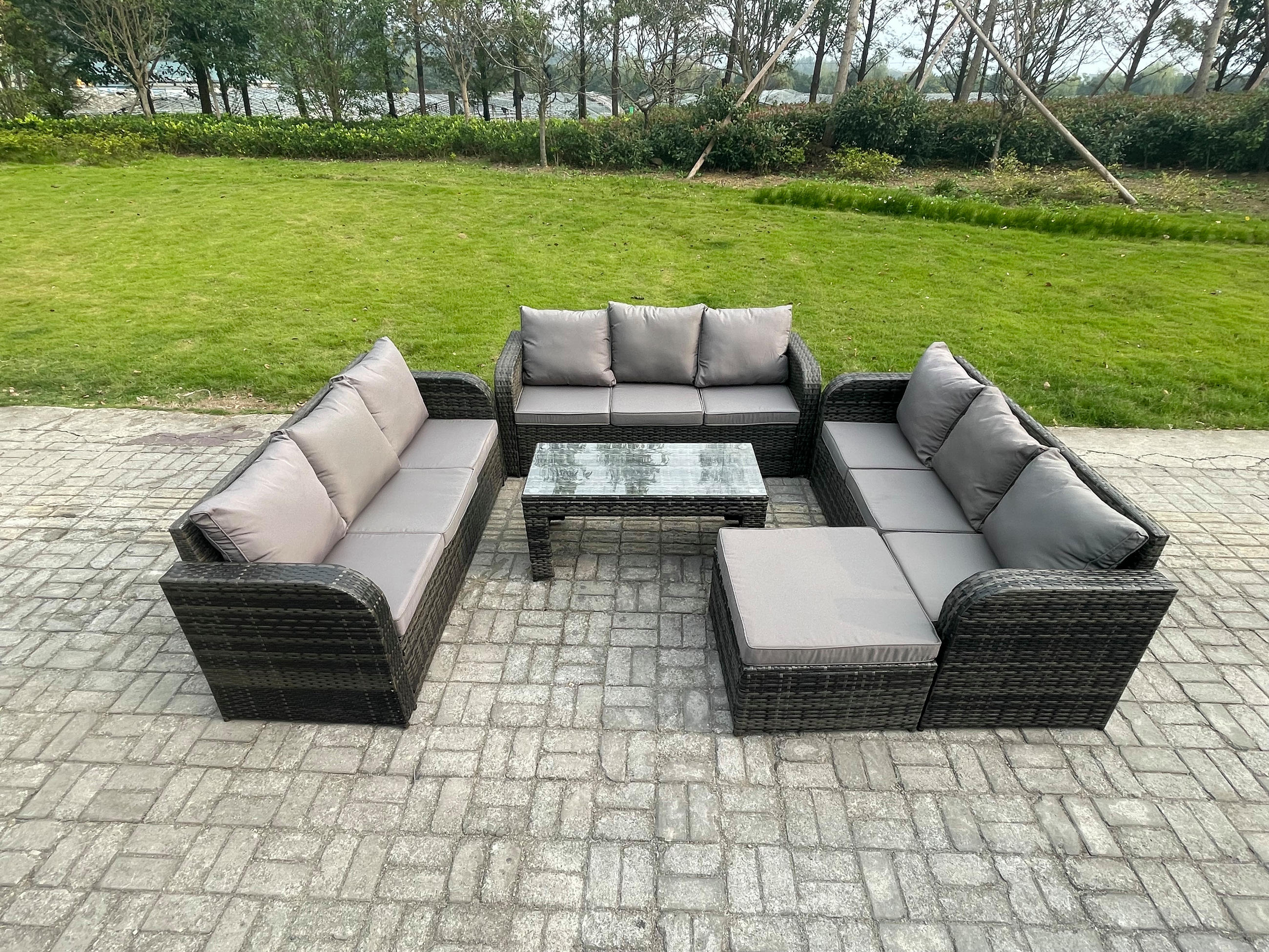 GARTENSOFA SET mit rechteckigem COUCHTISCH Polyrattan 10-Sitzer Dunkelgrau - Dunkelgrau/Grau, Glas/Kunststoff - Fimous