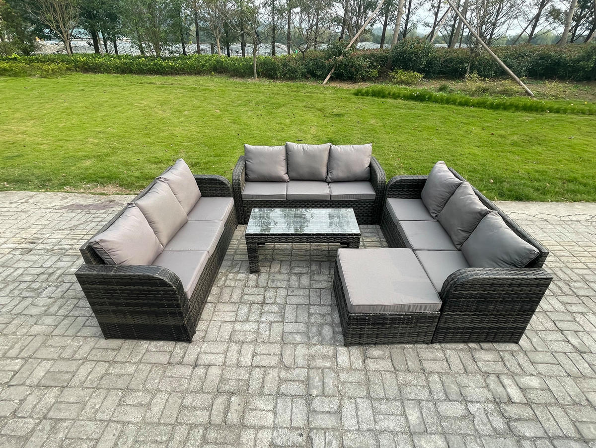GARTENSOFA SET mit rechteckigem COUCHTISCH Polyrattan 10-Sitzer Dunkelgrau - Dunkelgrau/Grau, Glas/Kunststoff - Fimous