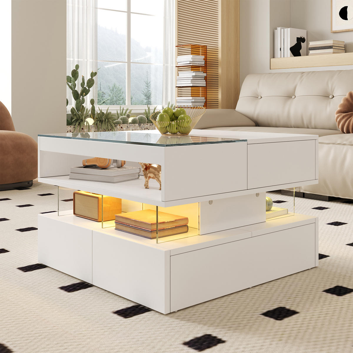 COUCHTISCH Weiß 70/67/57 cm höhenverstellbar mit LED und Glasplatte - Weiß, Holzwerkstoff (67/70/57cm) - PANGIVO