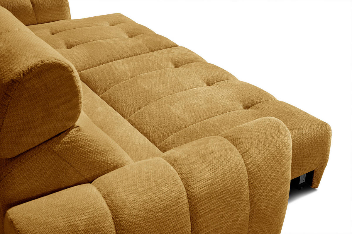 ECKSOFA KIMI 3-Sitzer, ausziehbarer Sitz, verstellbare Kopfstützen, senfgelb - Gelb/Schwarz, Holzwerkstoff/Textil (270/160cm) - Courtois Laville