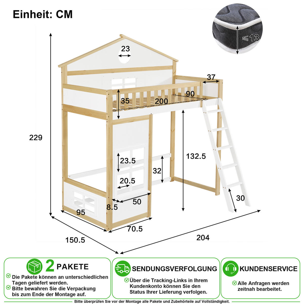 ETAGENBETT 90/200 cm in Weiß & Natur mit Treppe und Fallschutz aus Kiefer & MDF - Weiß/Naturfarben, Holz/Holzwerkstoff (90/200cm) - CHICFURN