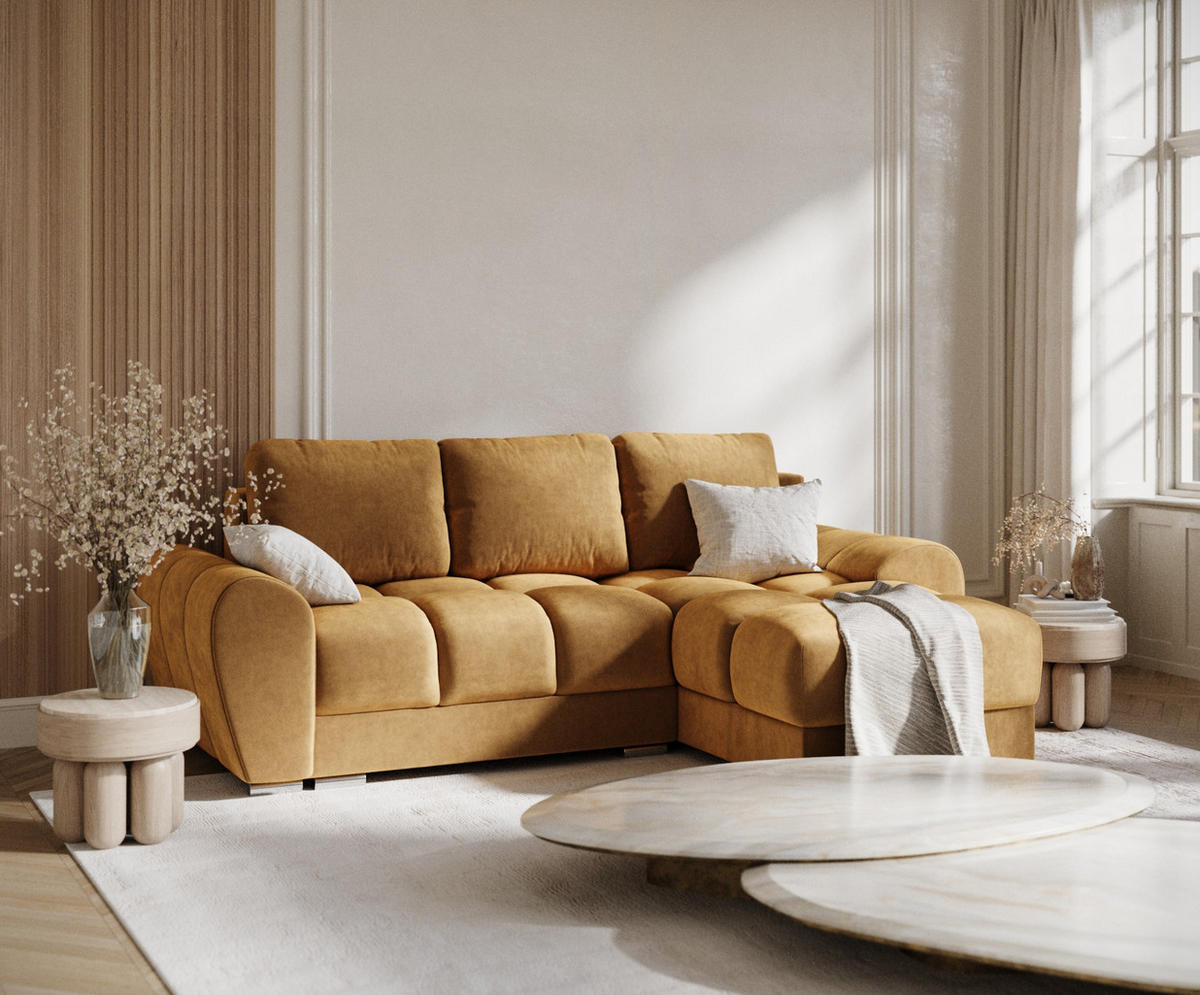 ECKSOFA MIT SCHLAFFUNKTION Peebles Honigfarbe Samtstoff - Chromfarben/Honig, Holz/Holzwerkstoff (256/175cm) - Maison de Reve