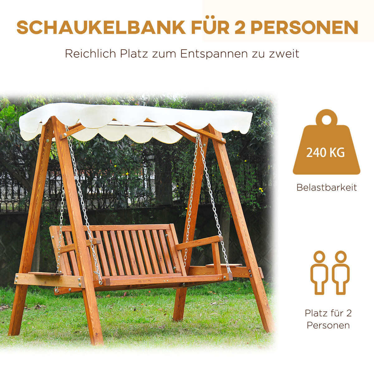 HOLLYWOODSCHAUKEL 162/130/185 cm mit Sonnendach und Lärchenholzgestell, Natur - Beige, Holz (130/185/162cm) - Redom