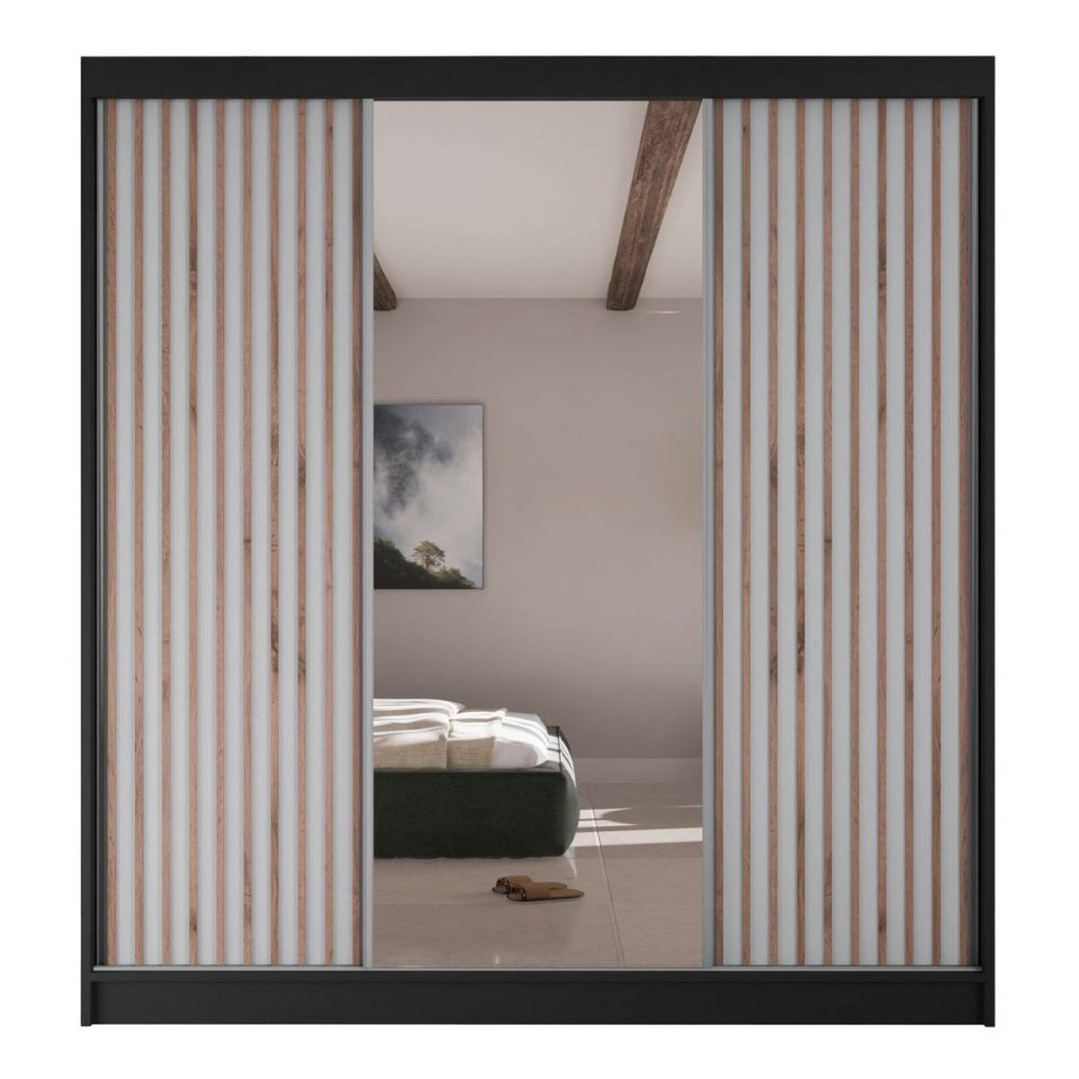 SCHWEBETÜRENSCHRANK Lami mit Spiegel und Lamellen, 215x200x61cm, Schwarz+Weiß - Schwarz/Weiß, Holzwerkstoff (200/215/61cm) - AN-Moebel 4u