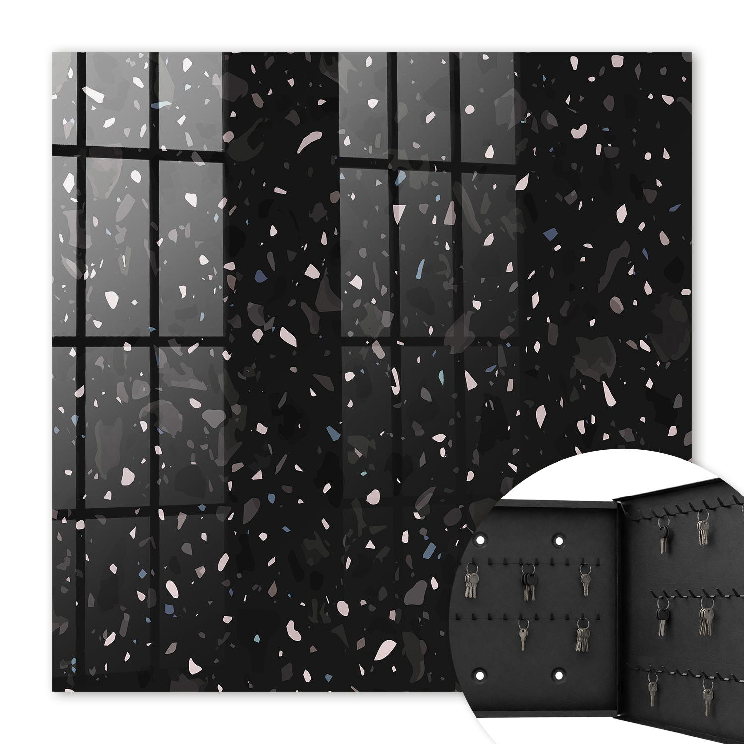 SCHLÜSSELBOX Schwarz 30x30 cm- Türöffnung nach rechts - Schwarzer Terrazzo - Schwarz, Metall (30/30/5cm) - TULUP