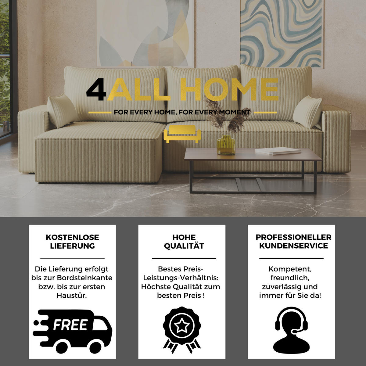 ECKSOFA Tobi mit Bettkasten und Schlaffunktion, L-Form/XL-Form, Cordstoff, Universal - Creme, Holzwerkstoff (276/145cm) - 4ALL HOME