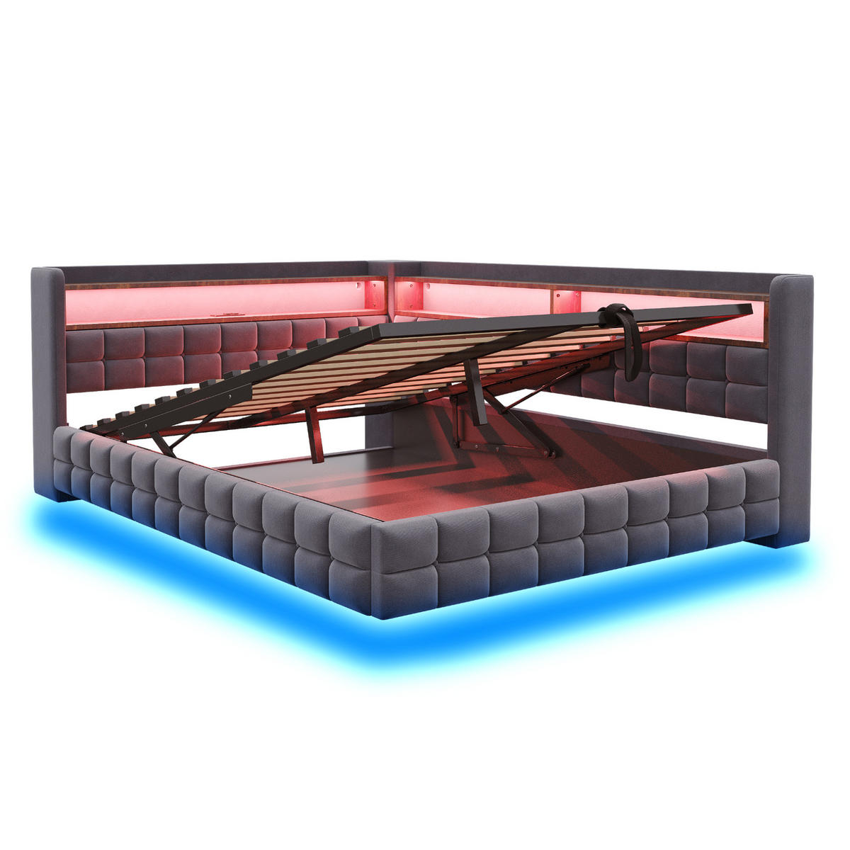ČALOUNĚNÁ postel 140/200 cm šedá z sametu s úložným prostorem, LED a USB - šedá, textil (140/200cm) - OKWISH