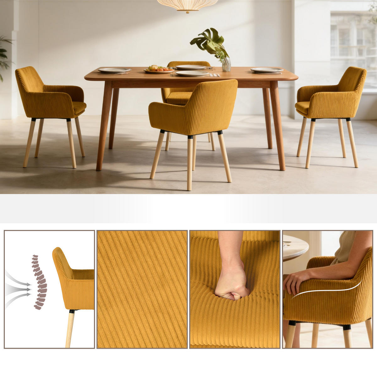 ESSZIMMERSTUHL 4er Set in Gelb mit Cord-Optik - Gelb, Textil (54/77/53cm) - Meubles Cosy