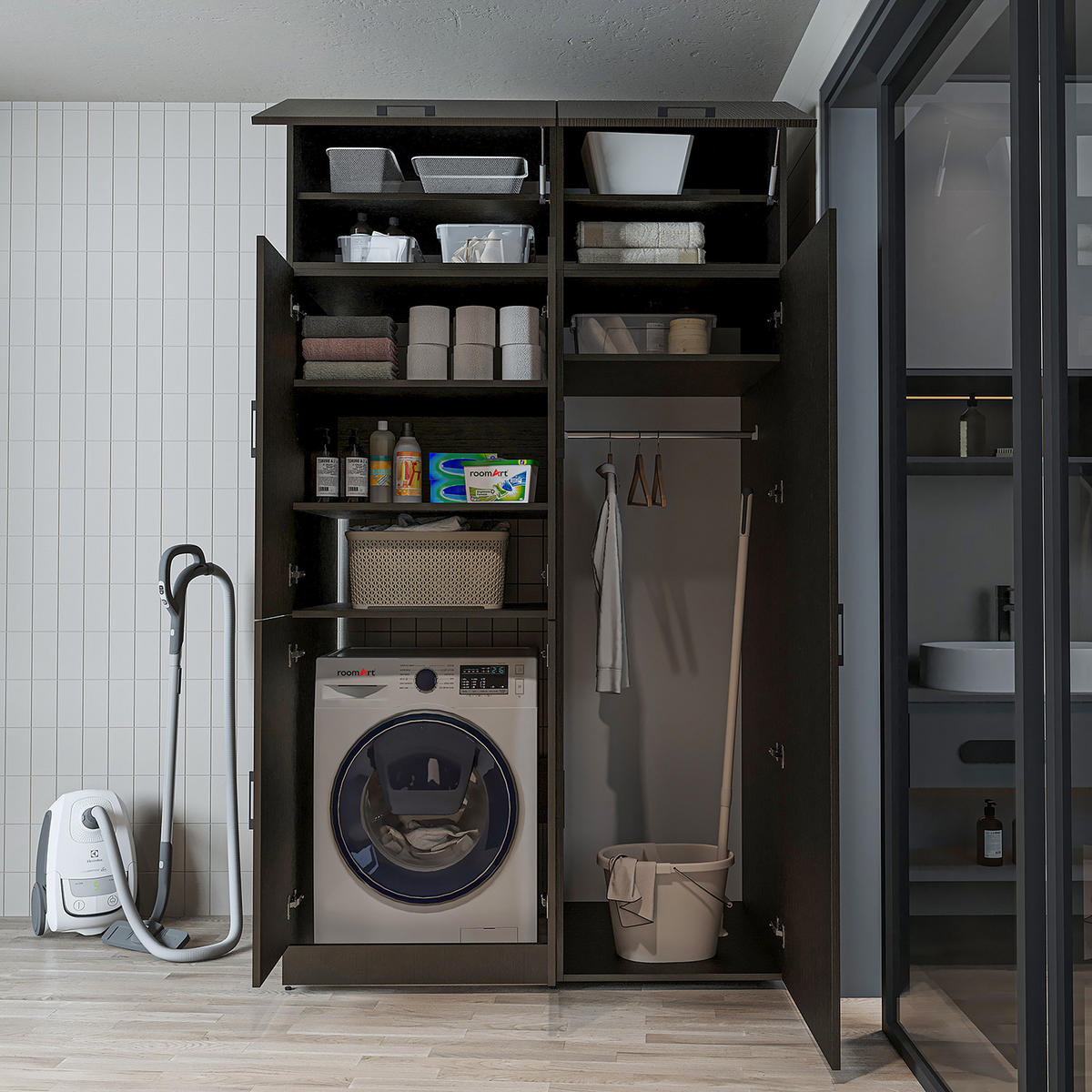 WASCHMASCHINENSCHRANK DORA-II 130cm Breit, 230cm Hoch - Schwarz, Holzwerkstoff (130/230/73.8cm)