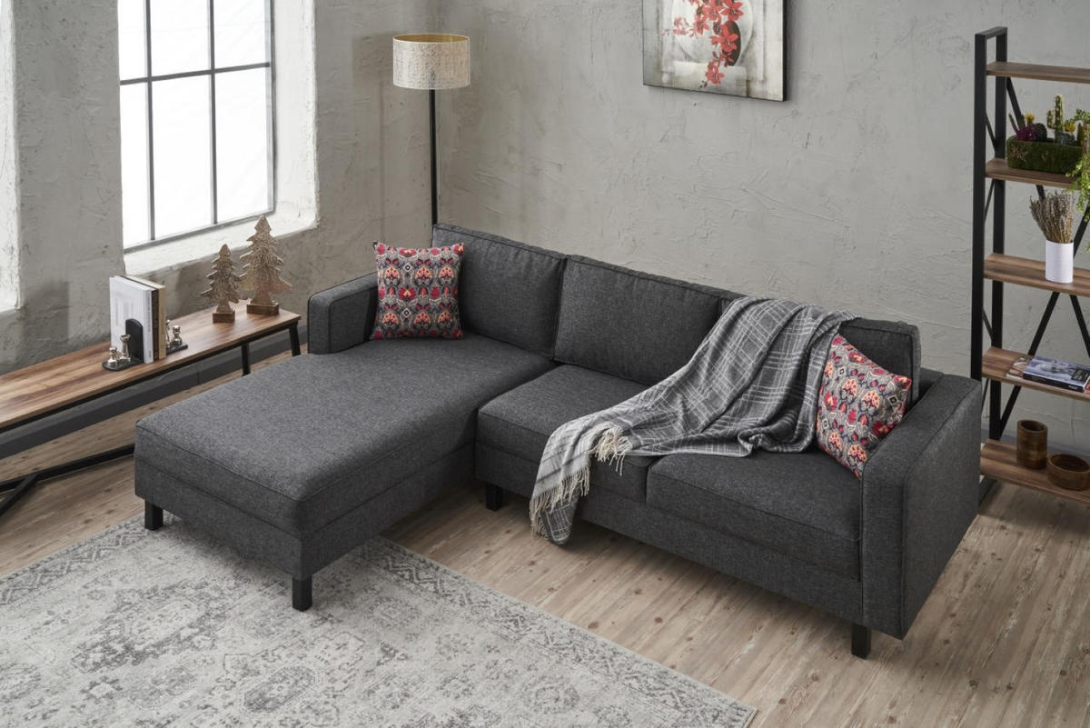 ECKSOFA mit elegantem Leinen-Bezug - Anthrazit/Schwarz, Buchenholz/Textil (258/187cm) - myHomelando