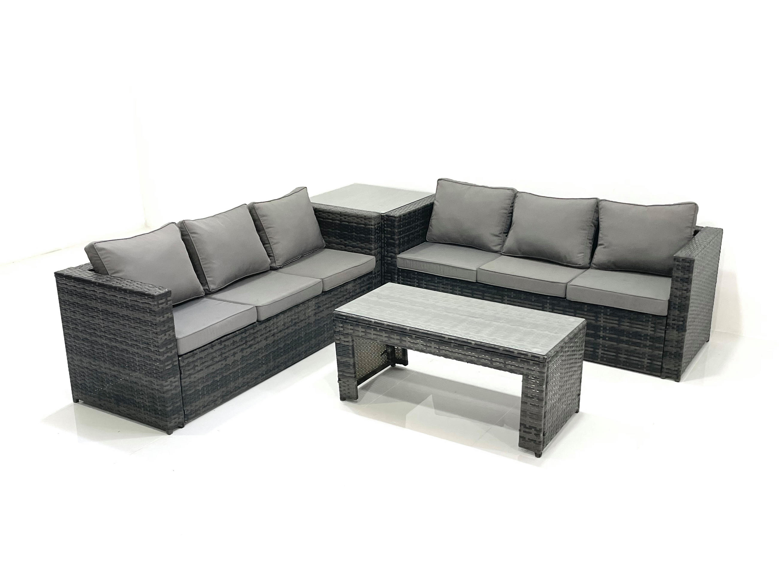 GARTENMÖBEL COUCHTISCH SET mit Sofa Polyrattan Outdoor 6-Sitzer - Dunkelgrau/Grau, Glas/Kunststoff - Fimous