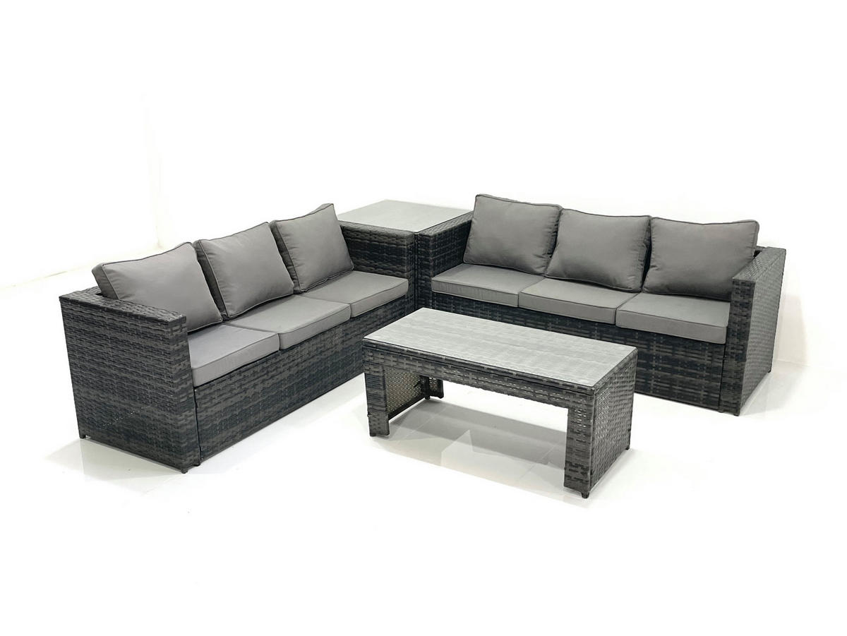 GARTENMÖBEL COUCHTISCH SET mit Sofa Polyrattan Outdoor 6-Sitzer - Dunkelgrau/Grau, Glas/Kunststoff - Fimous