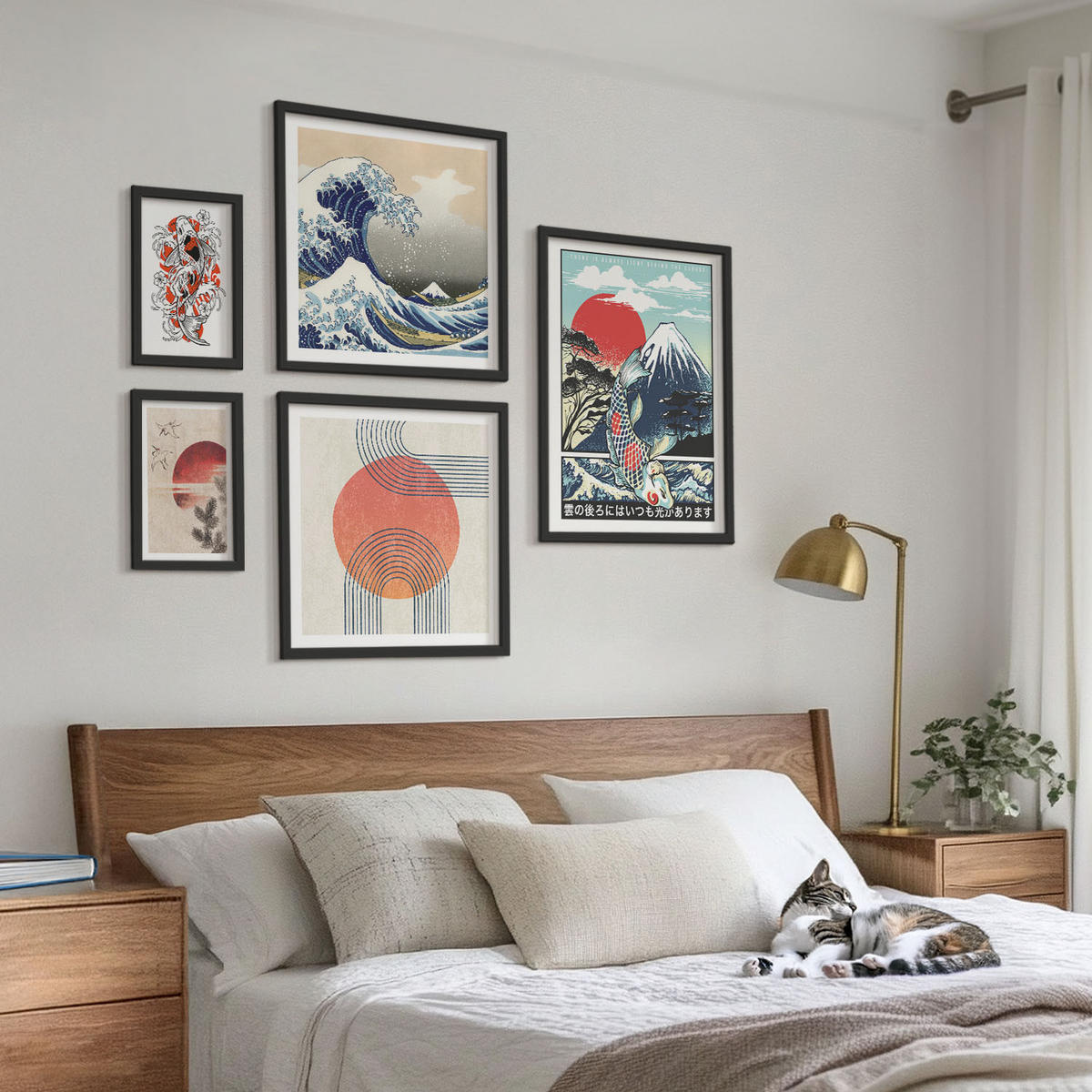 BILDER SET 5er Set - 50x50 cm & 20x30 cm & 40x60 cm Schwarzer Rahmen - Illustrationen von Fischbergen, die sich in Japan ausbreiten - Schwarz, Kunststoff (40/60cm) - TULUP