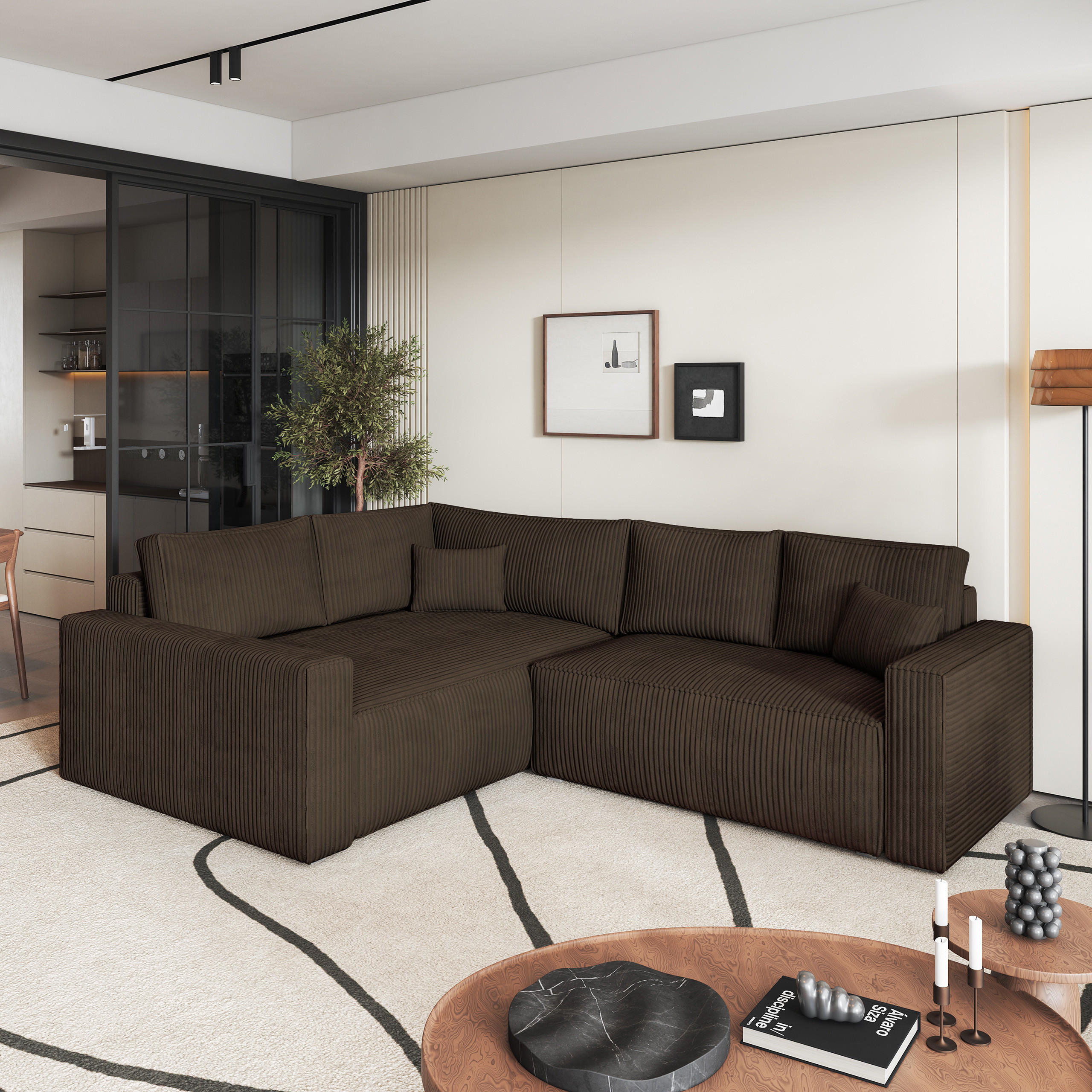 ECKSOFA ERONIS L-S Braun Kordstoff mit Schlaffunktion - Braun, Holz (265/194cm) - MASSENO