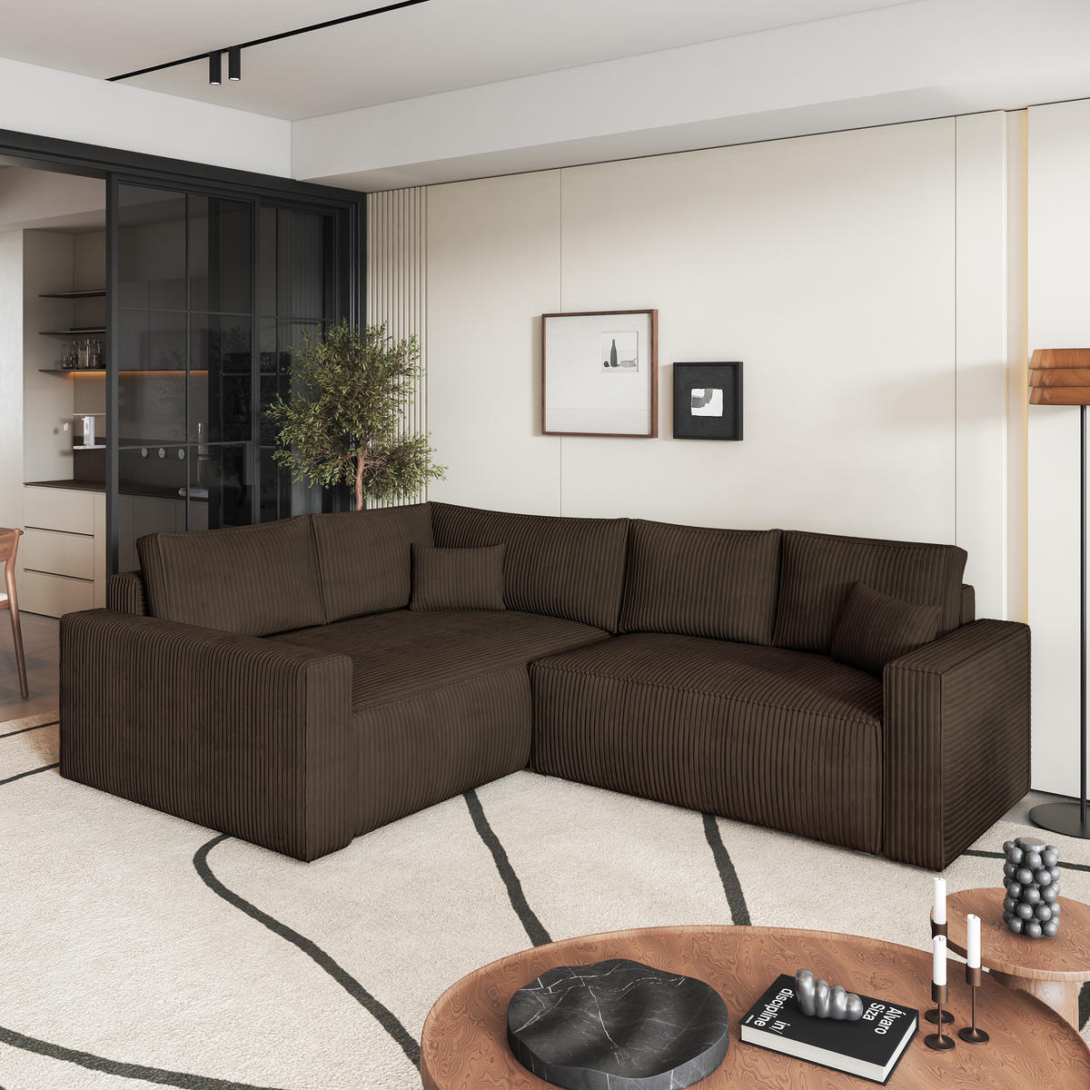 ECKSOFA ERONIS L-S Braun Kordstoff mit Schlaffunktion - Braun, Holz (265/194cm) - MASSENO