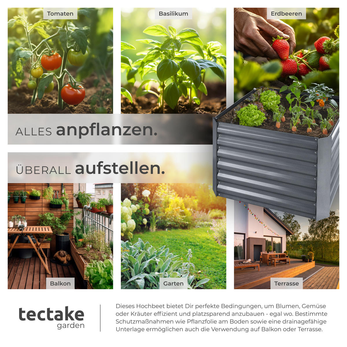 HOCHBEET Artemisia,80 x 80 x 57 cm,grau - Grau, Metall (80/57/80cm) - tectake