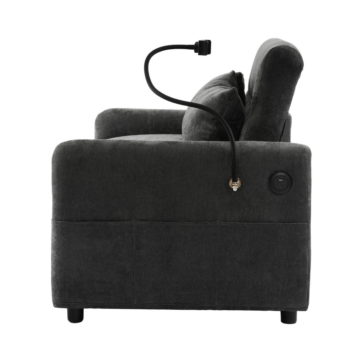 SCHLAFSOFA aus Chenille 129x76x81 cm Grau ausziehbar mit USB-Anschluss, verstellbarer Rückenlehne und Seitentaschen - Grau, Textil (76/81/129cm) - Modfu
