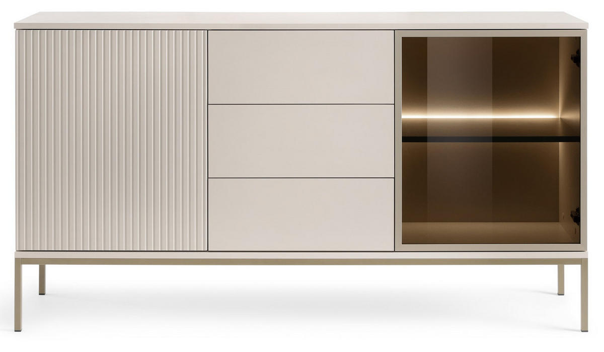 KOMMODE 150 cm Haller mit Schubladen, LED-Beleuchtung, Lamellen, Kaschmir - Beige, Holz (154/83/39cm) - Emporius