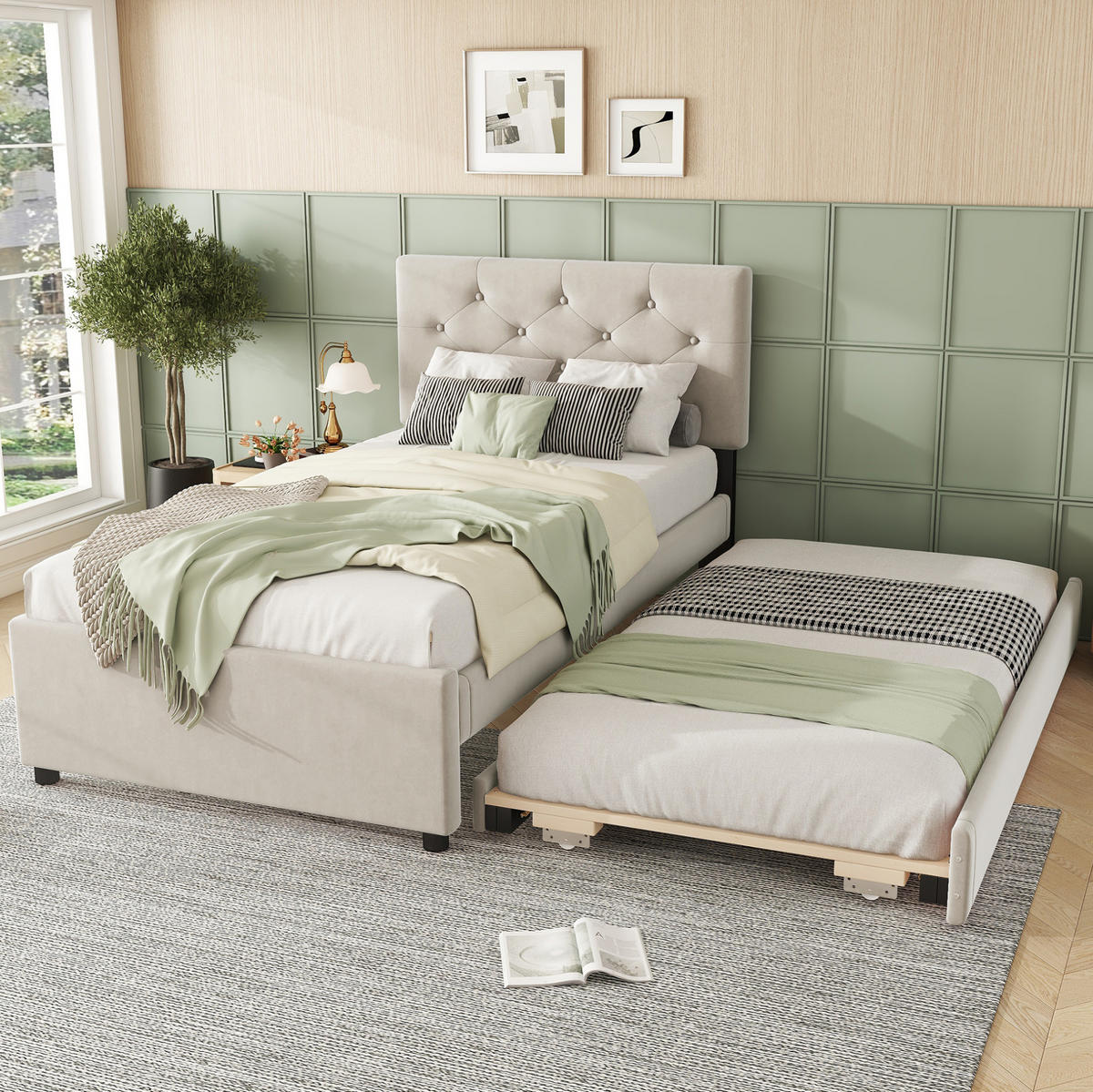 SAMT-POLSTERBETT 90/200 cm mit Rollbett und gepolstertem Kopfteil - Beige, Textil (90/200cm) - BEAOK