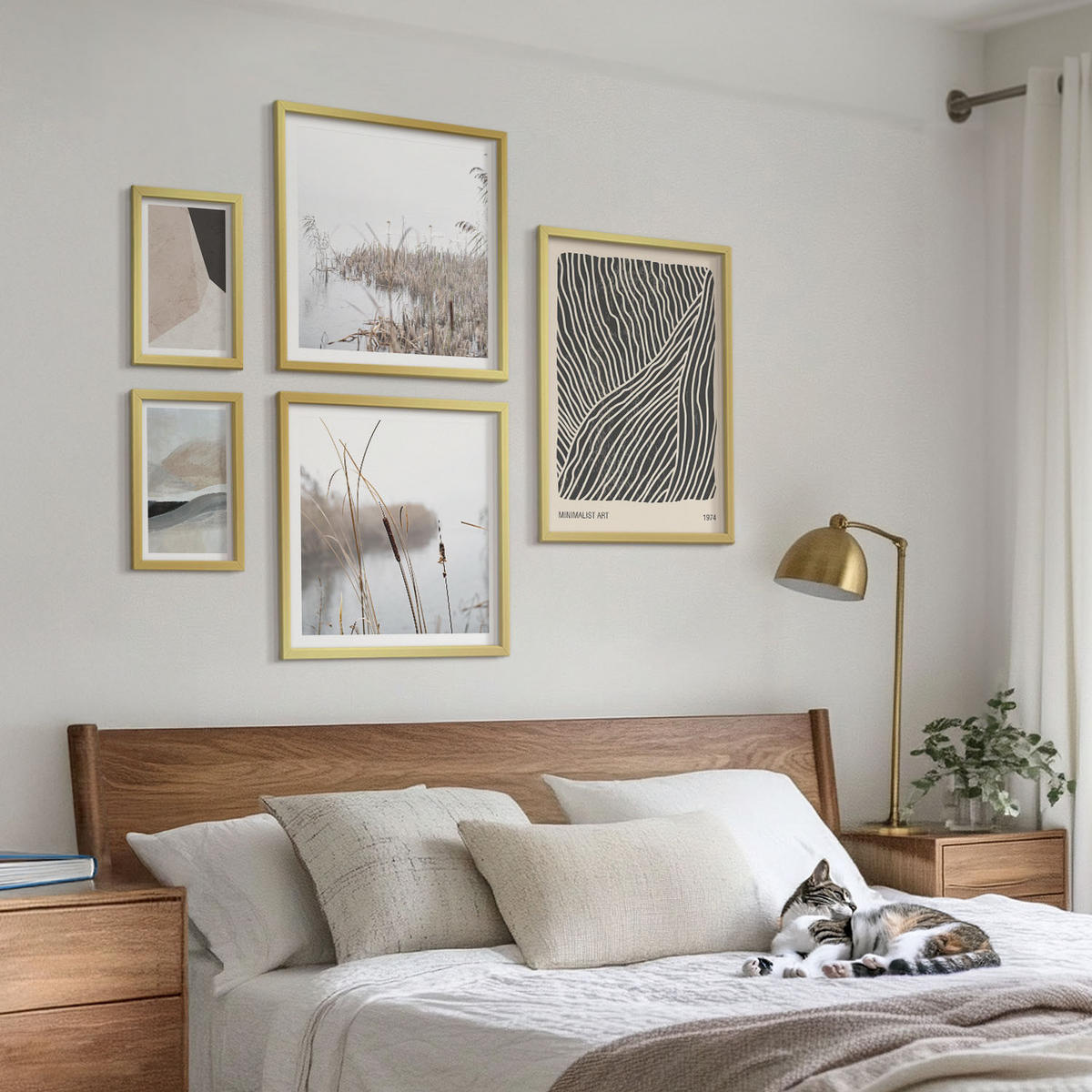 BILDER SET 5er Set - 50x50 cm & 20x30 cm & 40x60 cm Goldrahmen - Abstrakte Boho-Dekorationsmuster - Goldfarben, Kunststoff (40/60cm) - TULUP