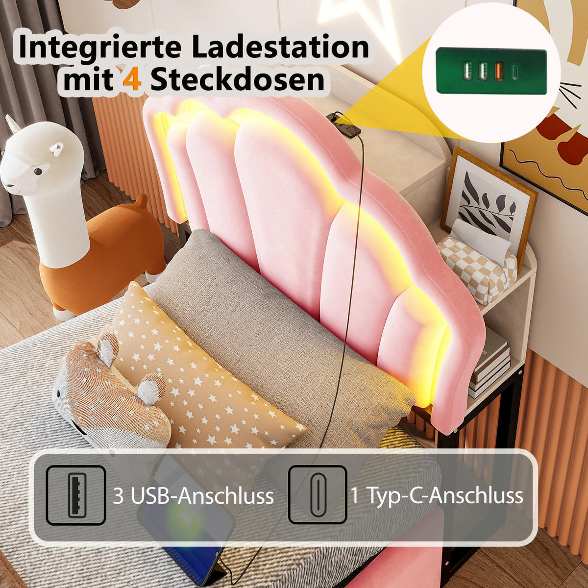 POLSTERBETT 90/200 cm aus Samt mit LED, Stauraum, Steckdosen, Rosa - Pink, Textil (90/200cm) - OKMYHOME