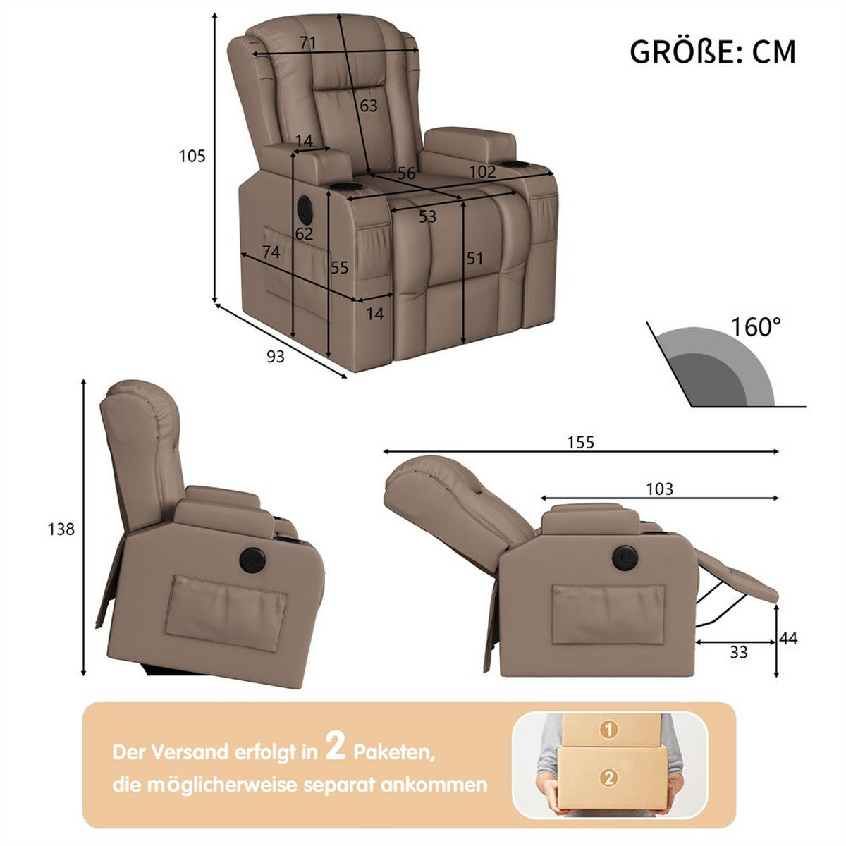 MASSAGESESSEL mit Aufstehhilfe - 8-Punkt-Massage und Heizfunktion - USB-Ladeanschluss - Braun - Braun, Textil (102/105/93cm) - DELFA