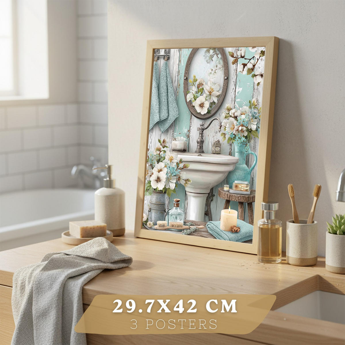 PLAKÁT Sada 3 dekorativních koupelnových tisků Světlý dřevěný rám A3 - béžová, papír (42/29.7/3cm) - Nacnic