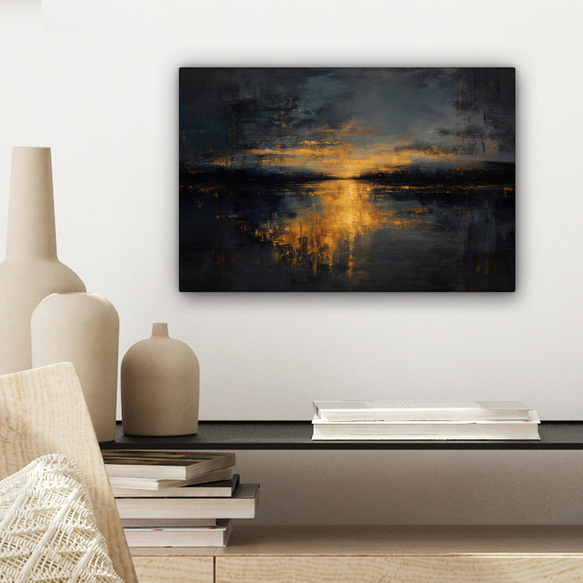 LEINWANDBILD Goldene Reflexion auf dem Wasser Deko Schlafzimmer 30x20 cm - Anthrazit, Textil (30/20cm) - MuchoWow