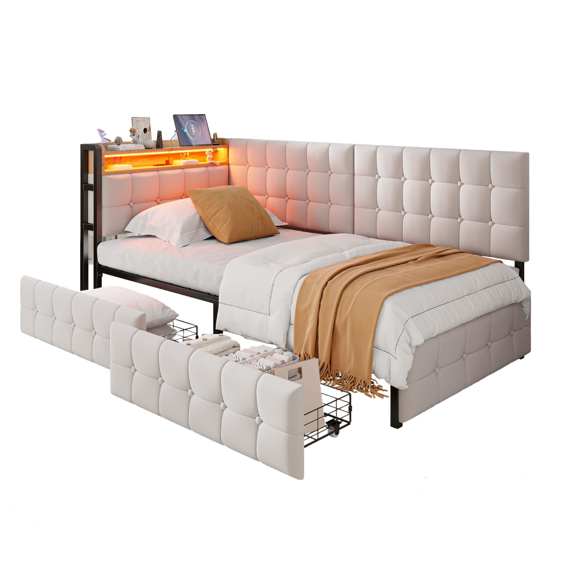 OKWISH ČALOUNĚNÁ postel 90/200 cm béžová z látky s LED osvětlením, USB a 2 zásuvkami