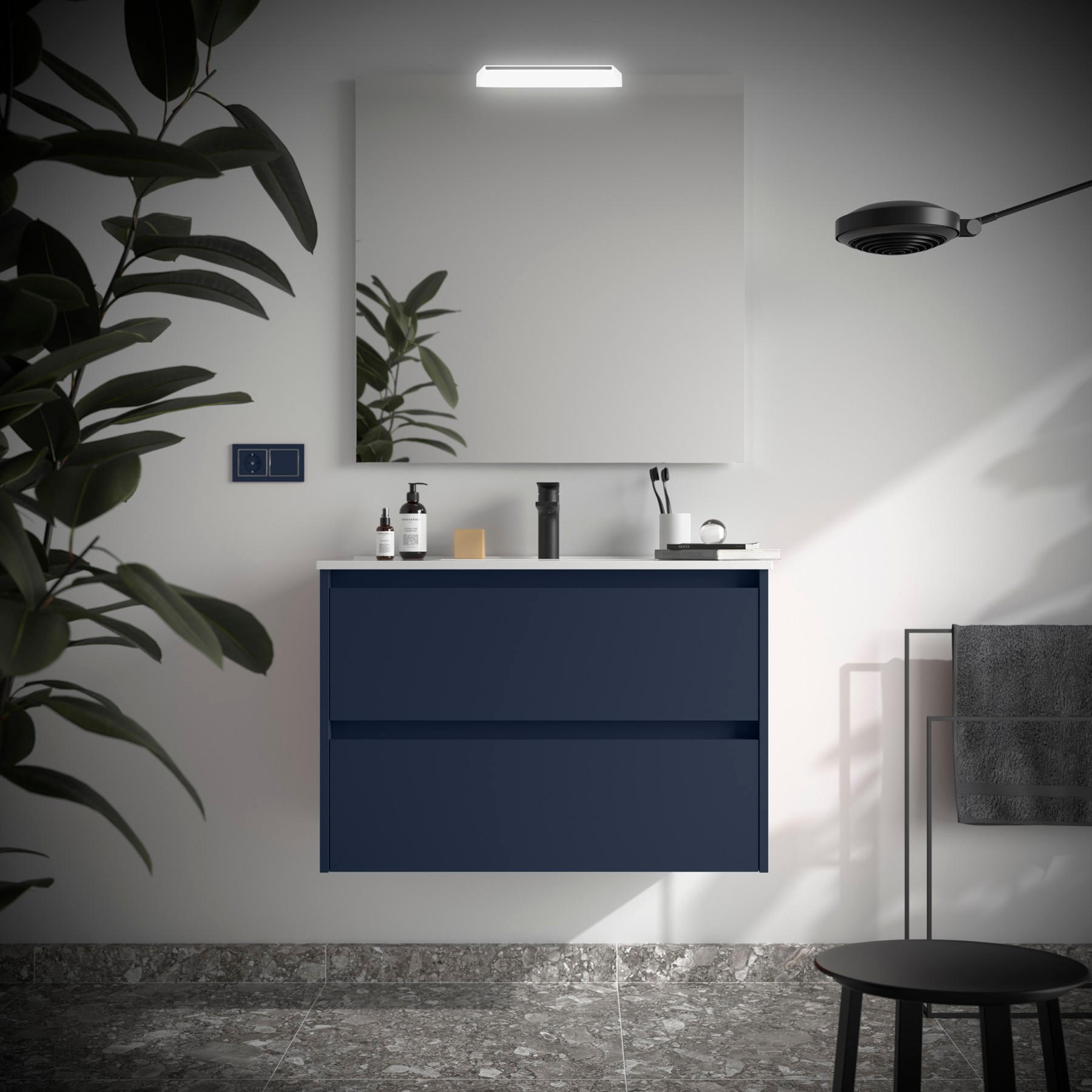 BADEZIMMERMÖBEL NOJA 800 2 Schubladen BLUE SATIN + Waschtisch + Spiegel - Schwarz, Metall (45/54/80cm) - Salgar