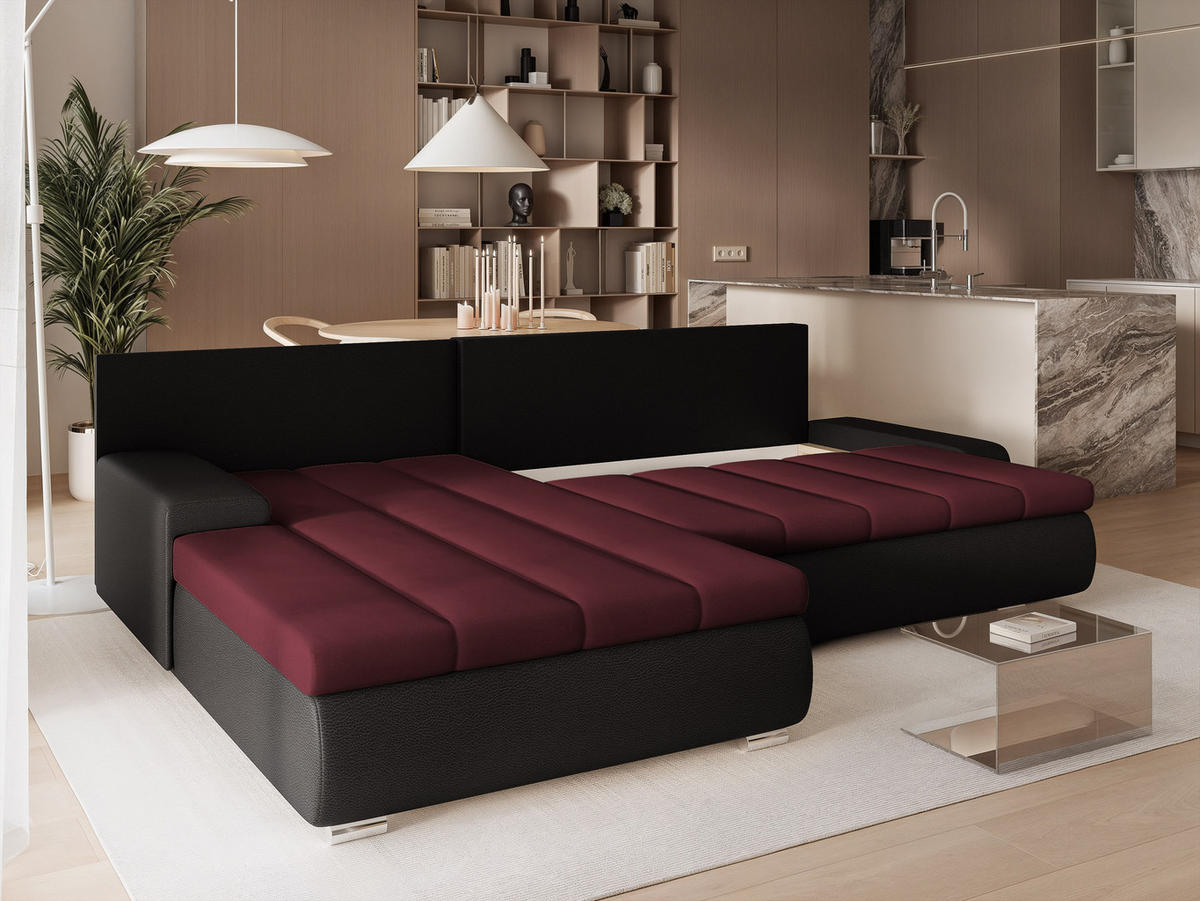 ECKSOFA VELANO mit Schlaffunktion und Bettkasten Schwarz/Rot - Rot, Holzwerkstoff/Kunststoff (250/90cm) - Idohome
