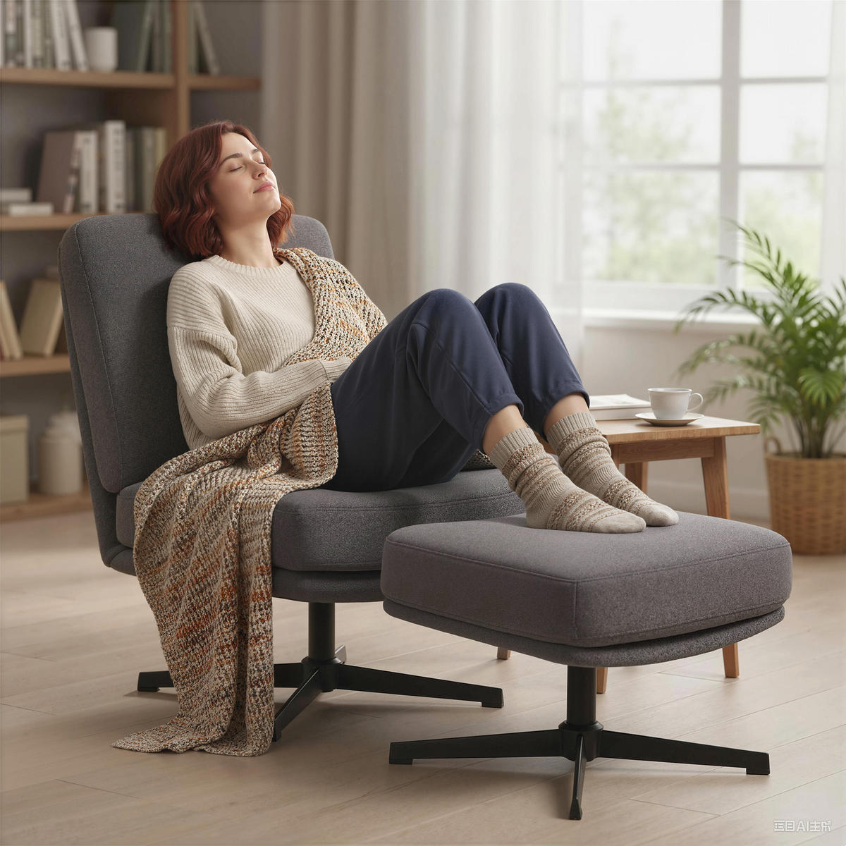 LOUNGESESSEL DE-07595 mit Hocker, 360° drehbar und Leinenoptik Dunkelgrau - Dunkelgrau, Textil (68/93/91cm) - ComfortXL