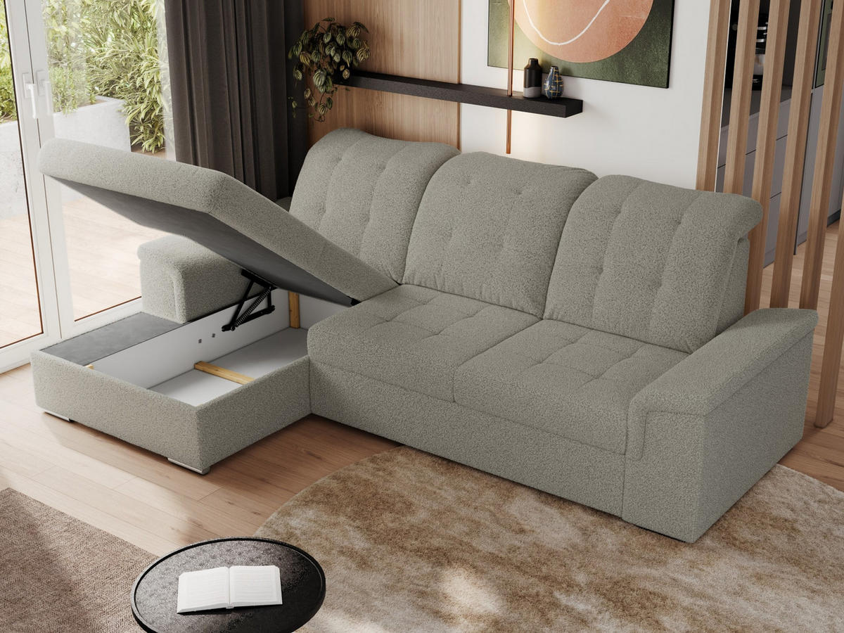 ECKSOFA MADRITO L - Hellgrau Boucle - Links - Silberfarben/Hellgrau, Textil/Metall (160/256cm)