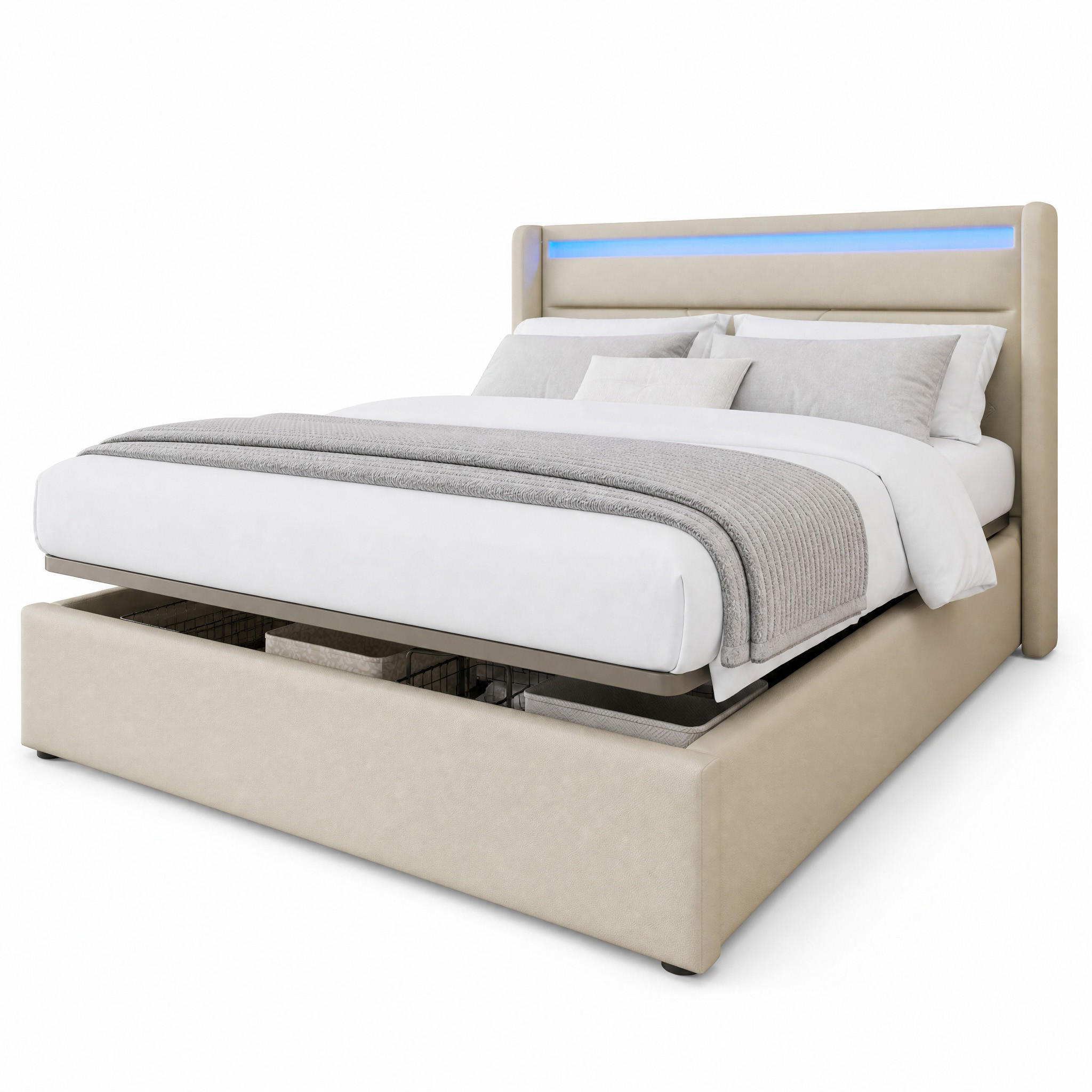 POLSTERBETT 140/200 cm in Weiß mit Bettkasten und LED PU-Leder-Design - Weiß, Holzwerkstoff/Textil (140/200cm) - STILVORA