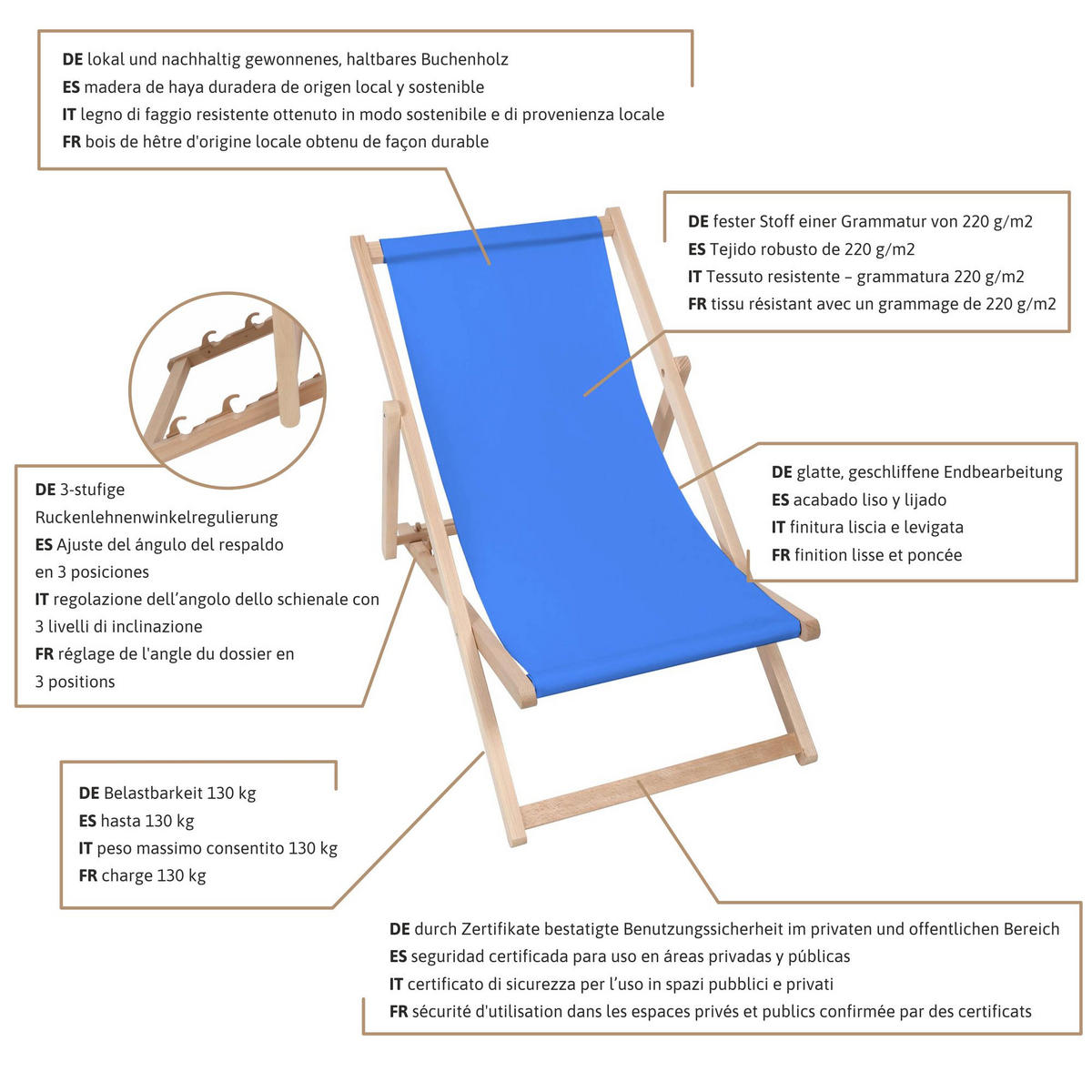 HOLZLIEGESTUHL klappbar Buchenholz Aral M - Blau, Holz (54/85/92cm) - Dreamroots