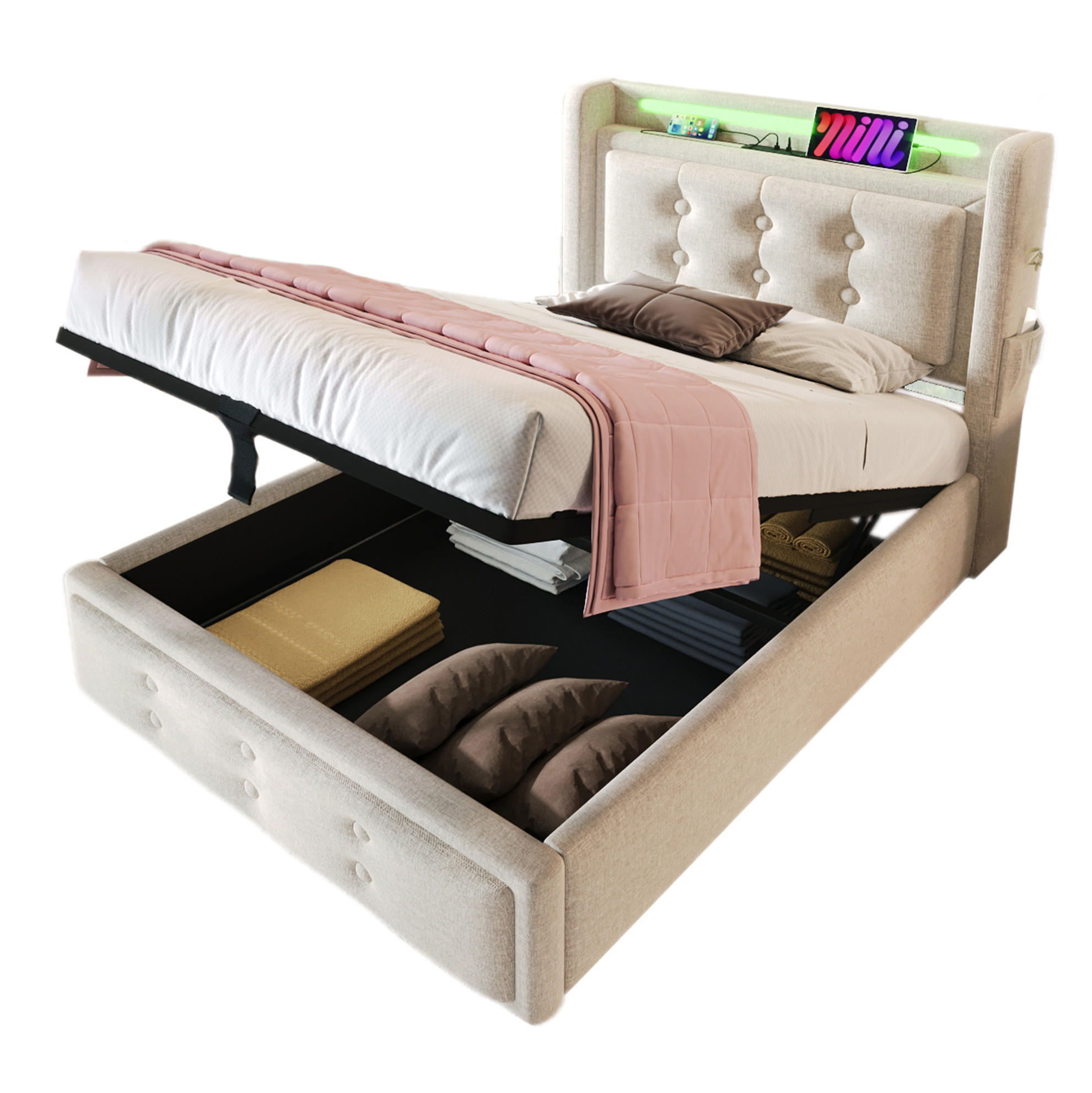 POLSTERBETT mit Bettkasten 90/200 cm in Beige mit LED, USB-C und Matratze - Beige, Textil (90/200cm) - BEAOK