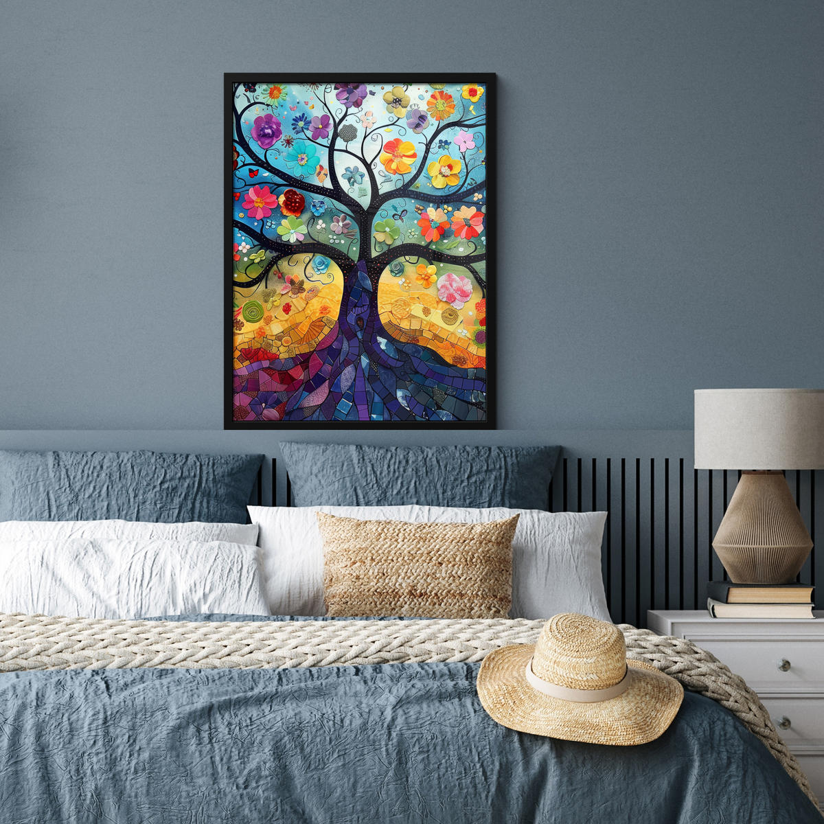 GERAHMTES BILD Kunst - Baum des Lebens - Blumen - Hippie 60x80 cm - Dunkelblau, Papier (60/80cm) - MuchoWow