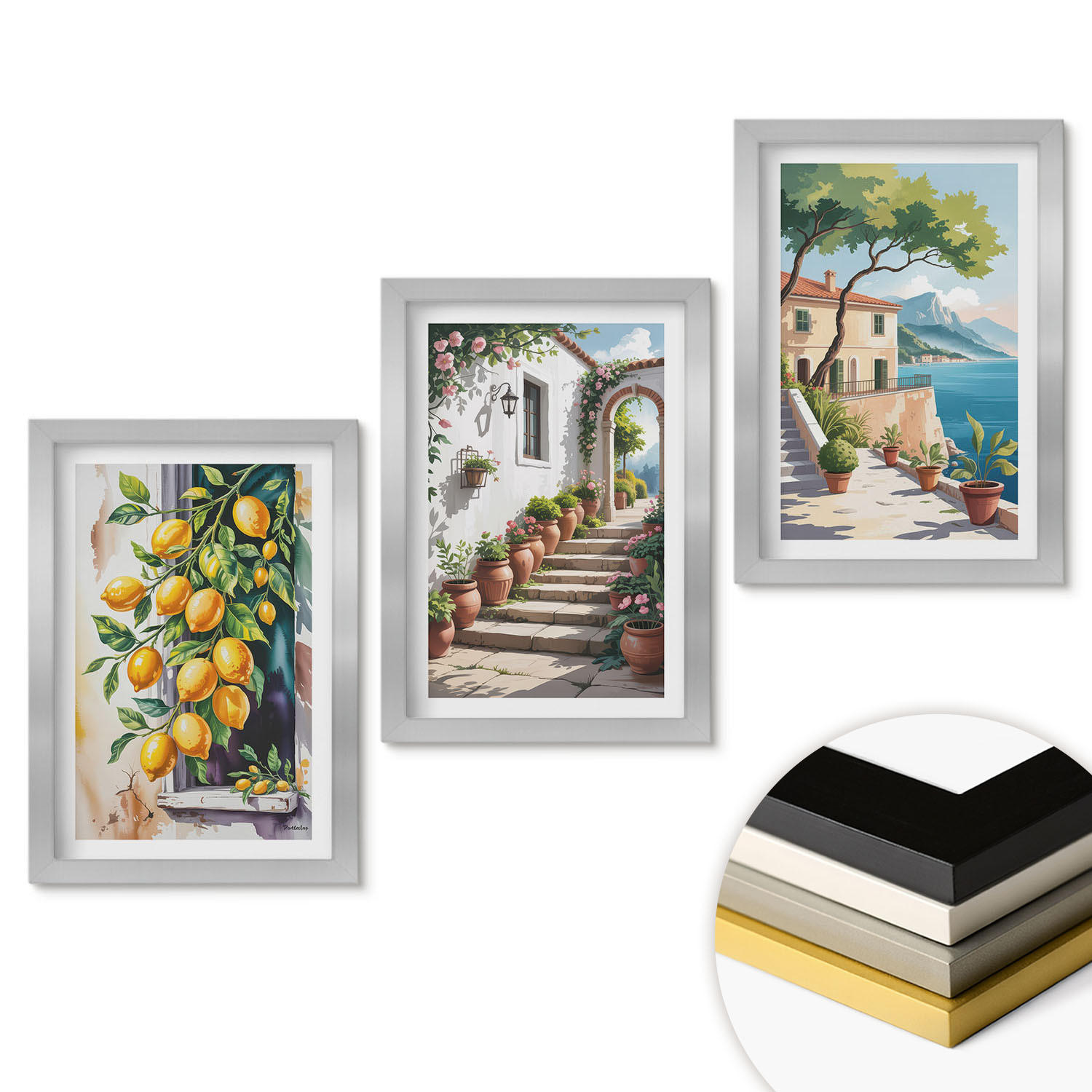 WANDBILDER 3er Set - 20x30 cm Silberner Rahmen - Zitronen, Blumen, Meerblick - Silberfarben, Kunststoff (20/30cm) - ArtPrintCave