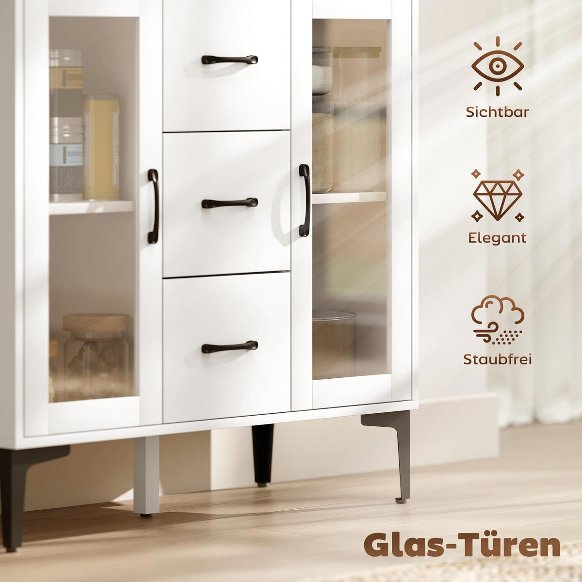 KOMMODE Sideboard mit 3 Schubladen 2 Glastüren verstellbaren Regalen Weiß - Transparent/Schwarz, Holzwerkstoff/Metall (38/86/90cm) - HOMCOM