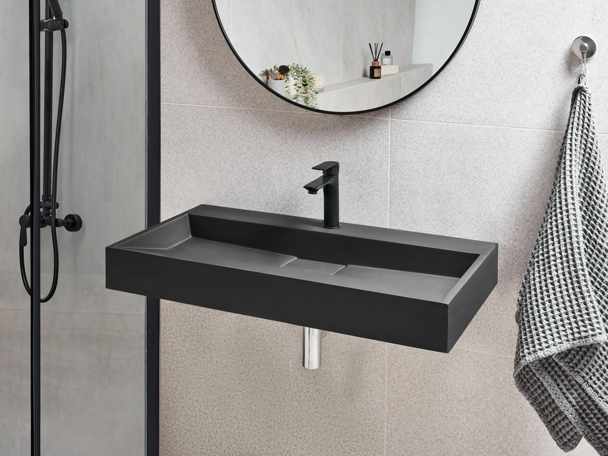 HÄNGEWASCHBECKEN Schwarz 90/46 cm Mineralguss Quenko - Schwarz, Naturmaterialien (90/12/46cm) - Beliani