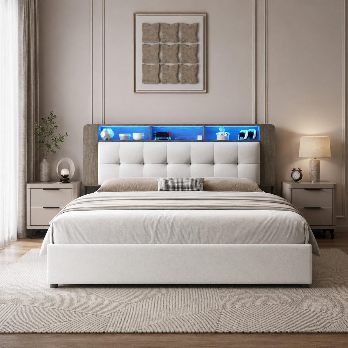 POLSTERBETT 140/200 cm mit Stauraum‑Kopfteil, RGB‑LED‑Beleuchtung & USB‑Anschluss, modernes Stoffbett - Beige, Holz/Metall (140/200cm) - Joyfair