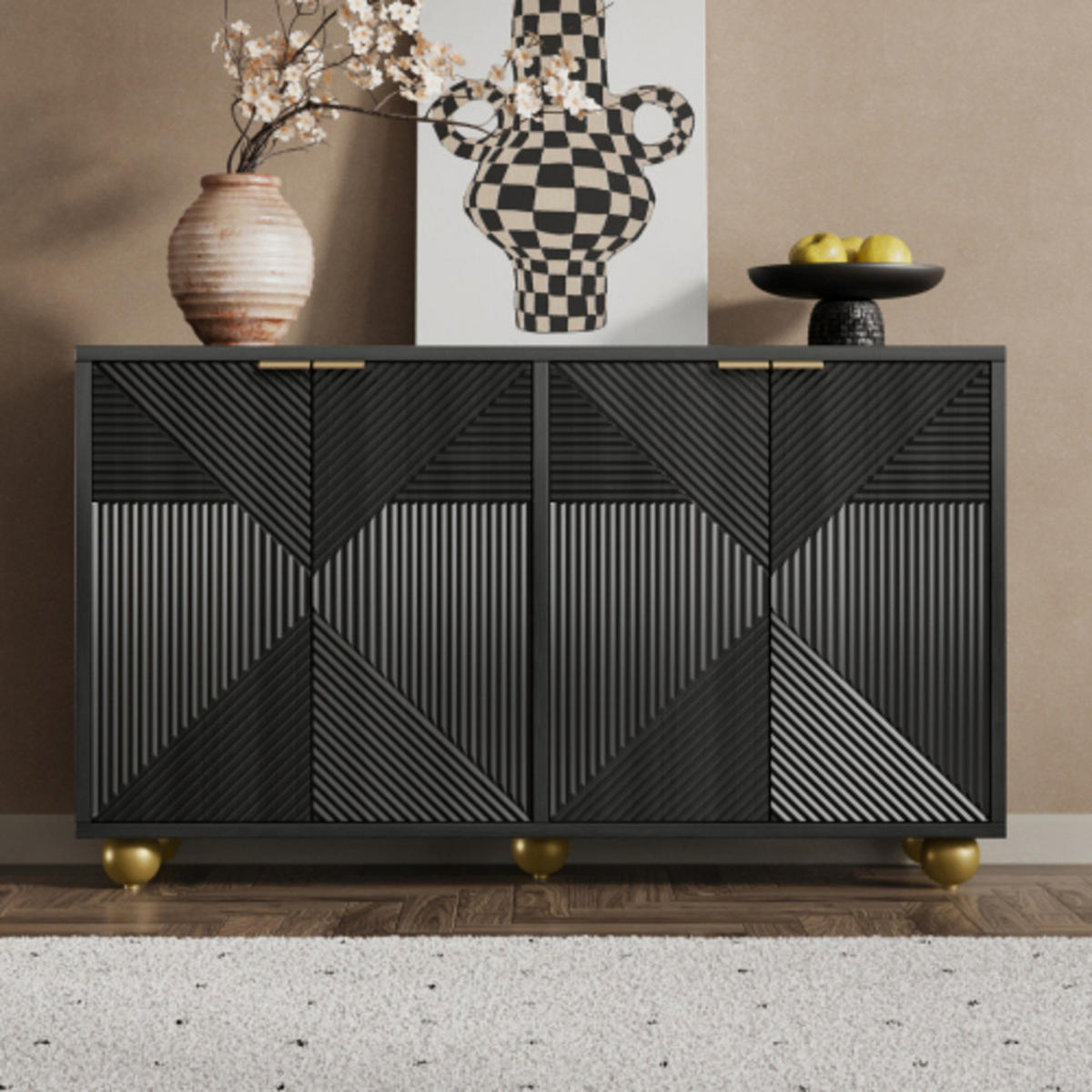 SIDEBOARD mit gravierten Türen und Golddekorelementen schwarz 120×35×71,5 cm aus MDF - Schwarz, Holzwerkstoff (120/71.5/35cm) - Luhomfu