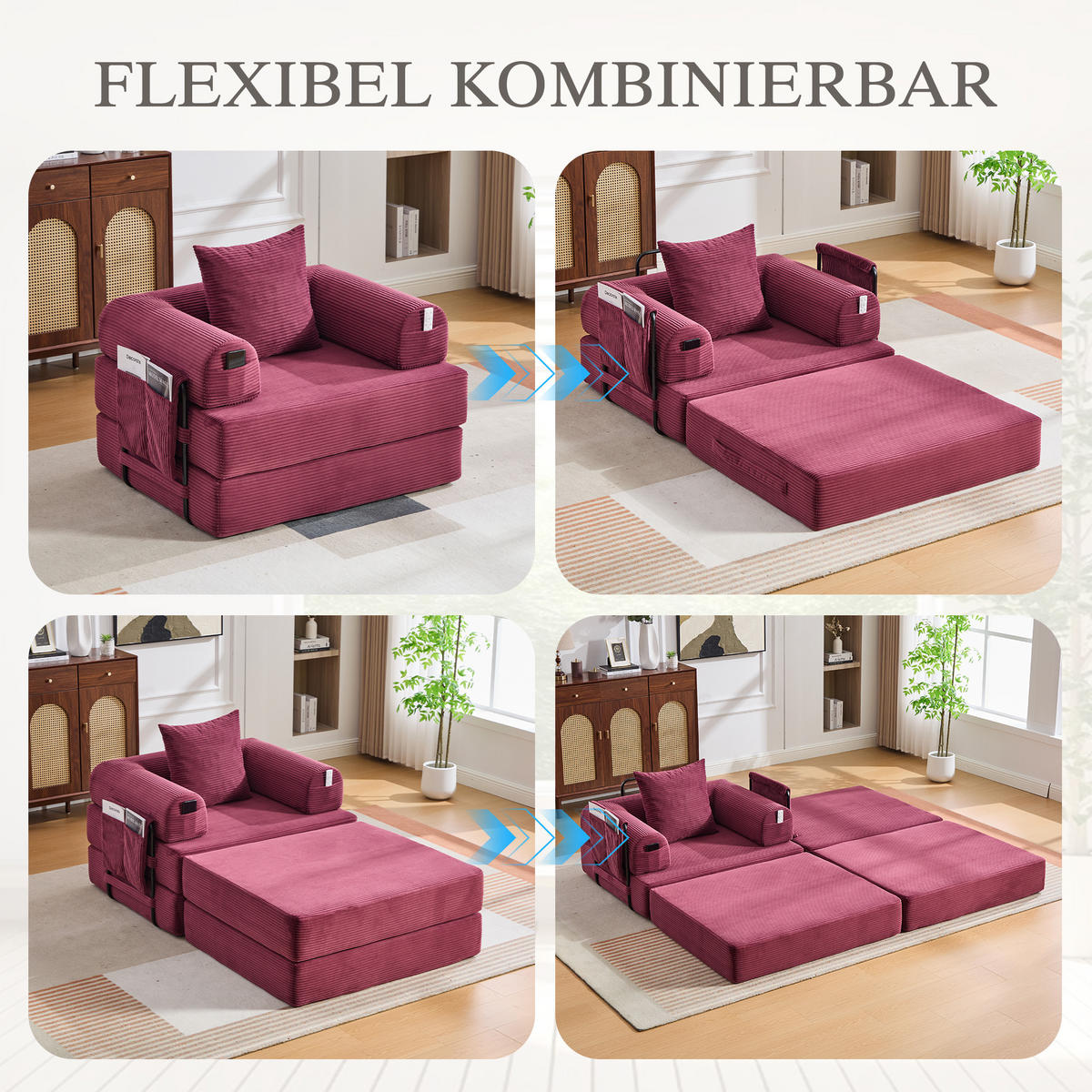 SOFA Cord Weinrot mit Kissen und Hocker - Weinrot, Textil/Metall (112/67/190cm) - WISHDOR