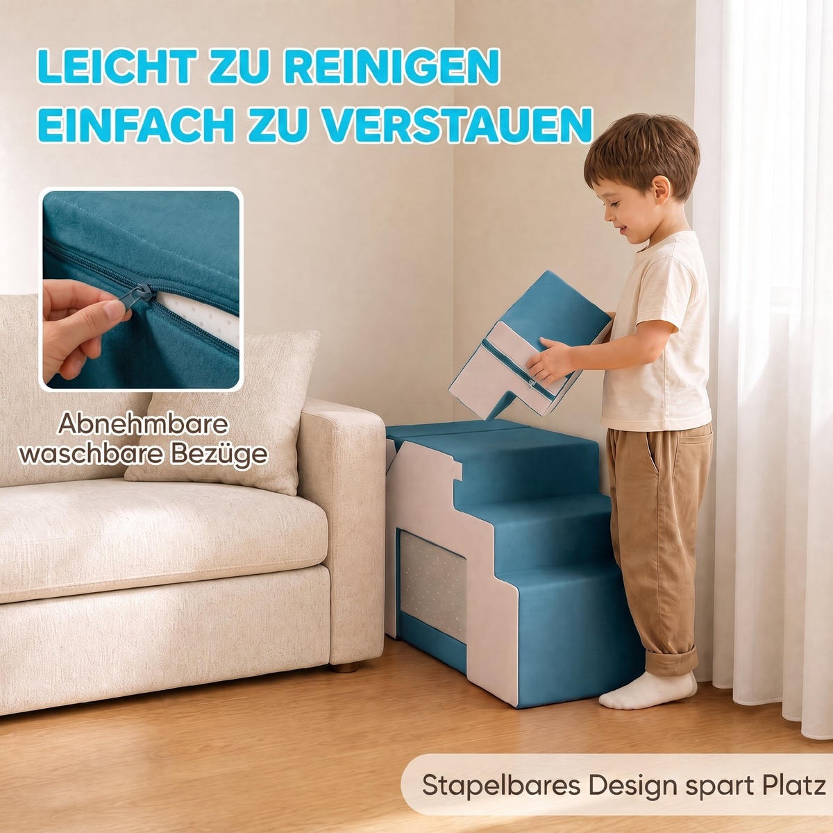 KINDER-SPIELSOFA 2er Set Samt Schaumstoff Blau - Dunkelblau, Textil (39/131cm) - AIYAPLAY