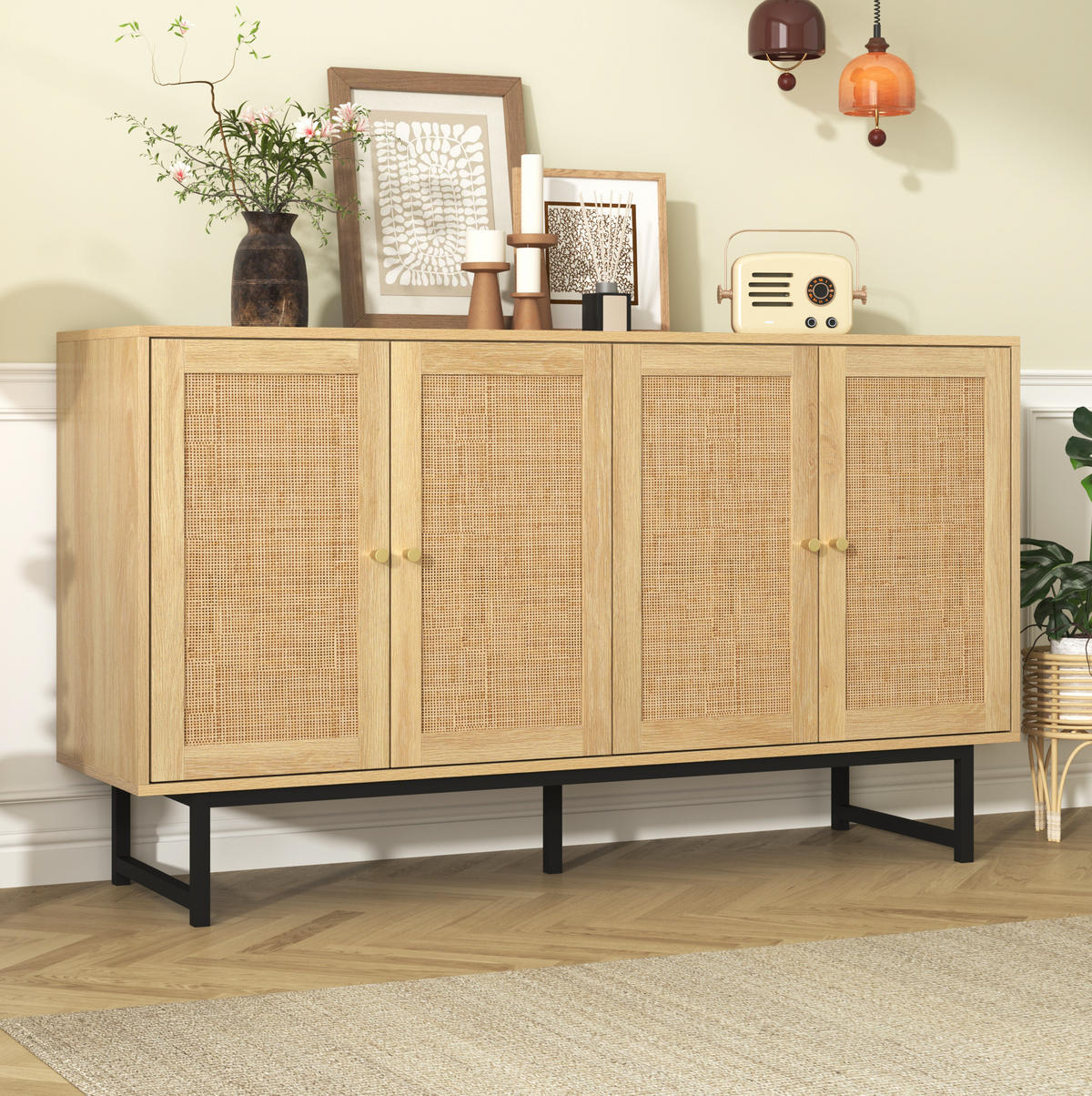 SIDEBOARD mit echtem Rattangeflecht, 4 Türen, 140/39,5/80 cm,Naturfarben - Naturfarben, Holzwerkstoff (140/80/39.5cm) - Redom