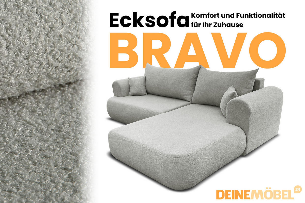 ECKSOFA BRAVO 280/180 in Bouclé Hellgrau rechts - Hellgrau, Holz/Holzwerkstoff (280/180cm) - Deine Möbel 24